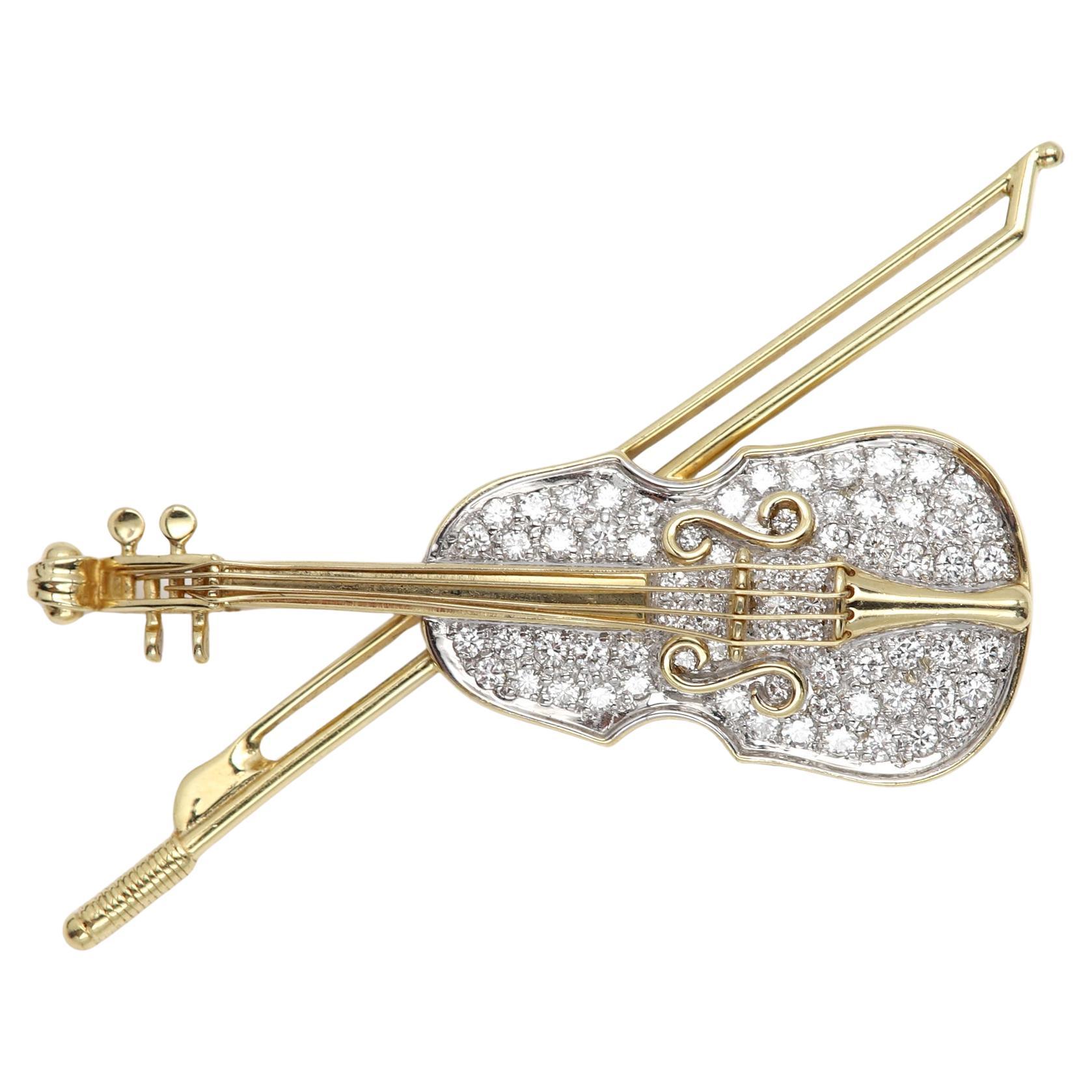 Diamond Violin Brooch Circa 1960 Brooch Pin Vintage Miniature Violin 14 karat For Sale
