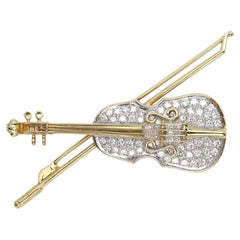 Diamond Violin Brooch Circa 1960 Brooch Pin Vintage Miniature Violin 14 karat