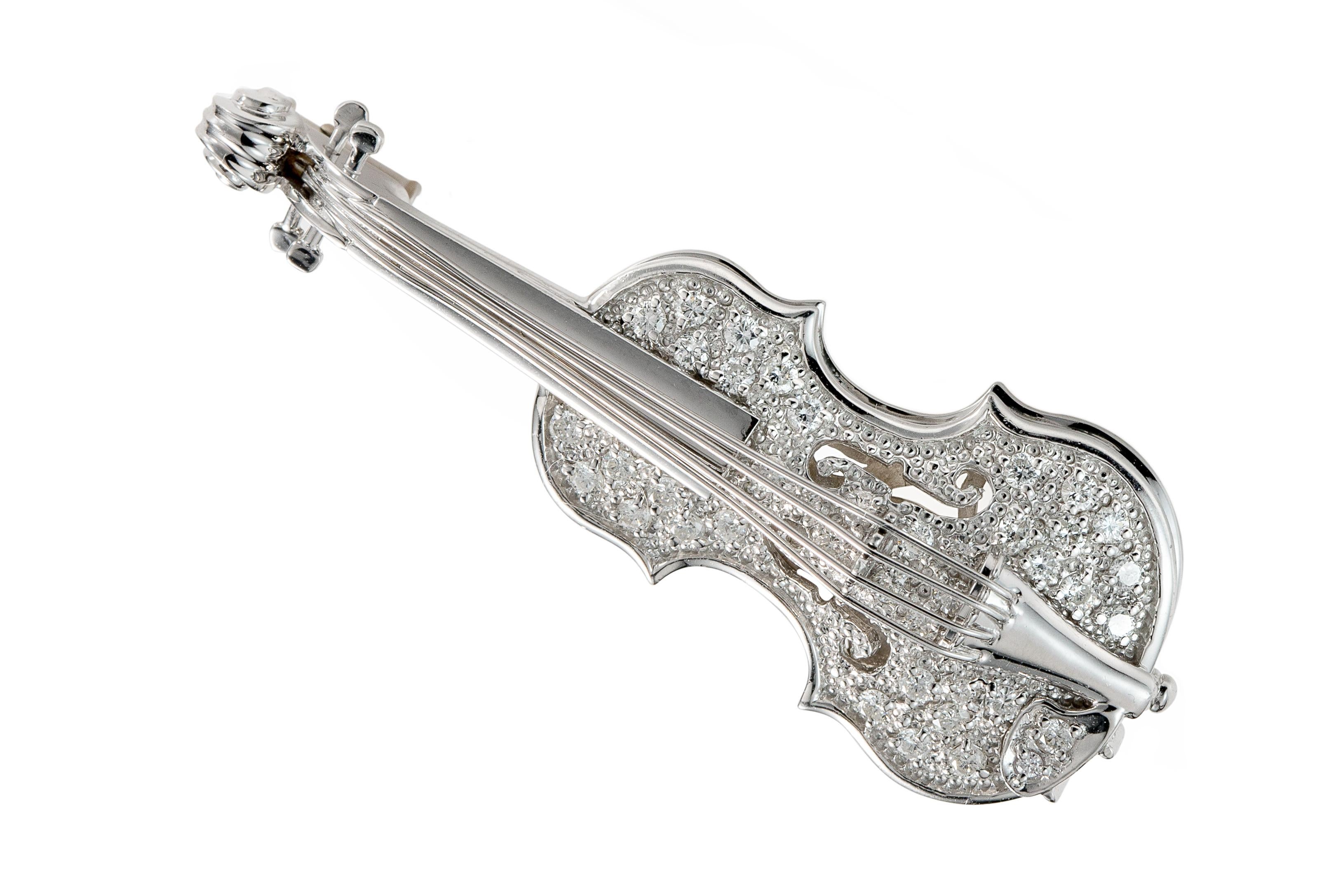 Modern Diamond Violin Pin in 18 Karat Gold For Sale