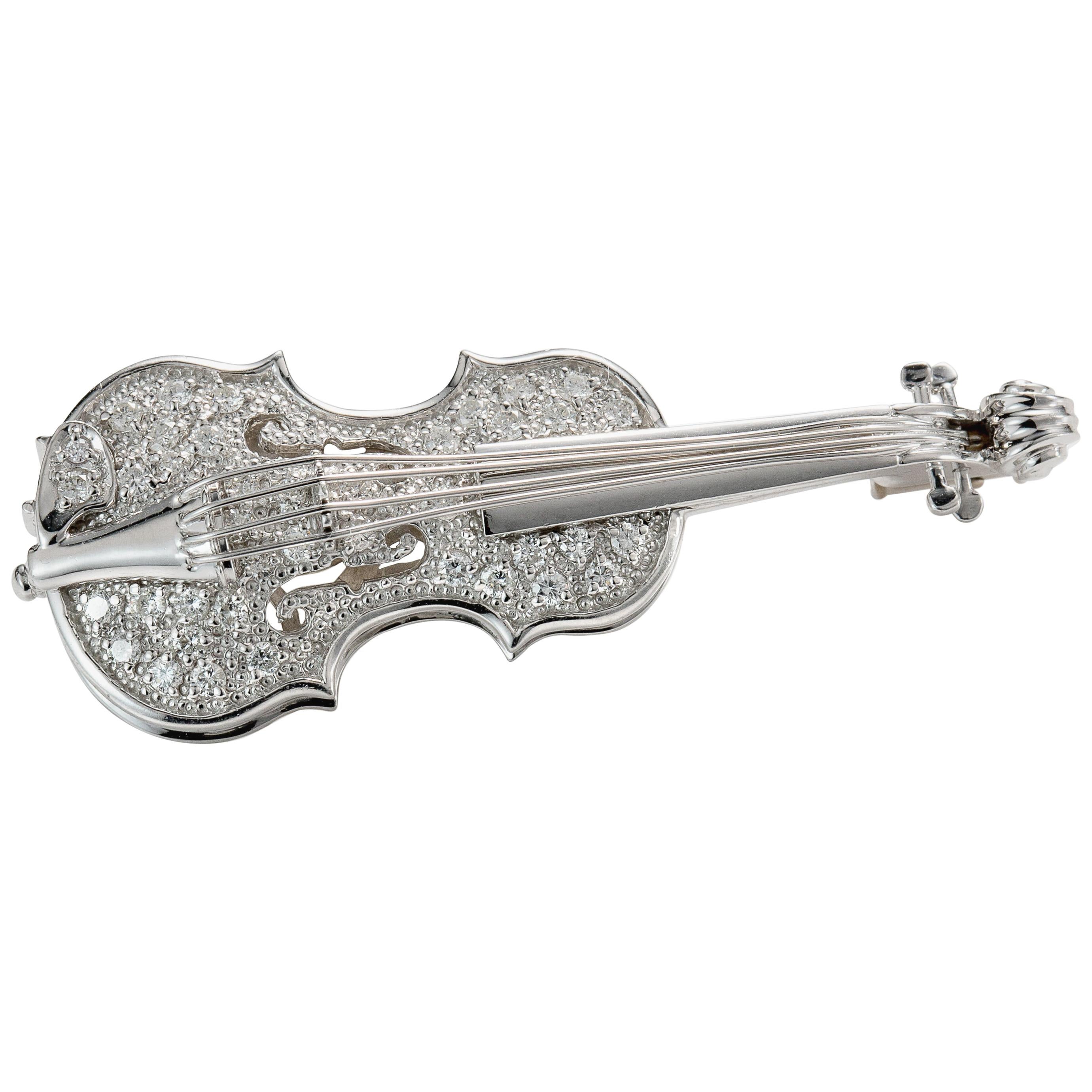 Diamond Violin Pin in 18 Karat Gold