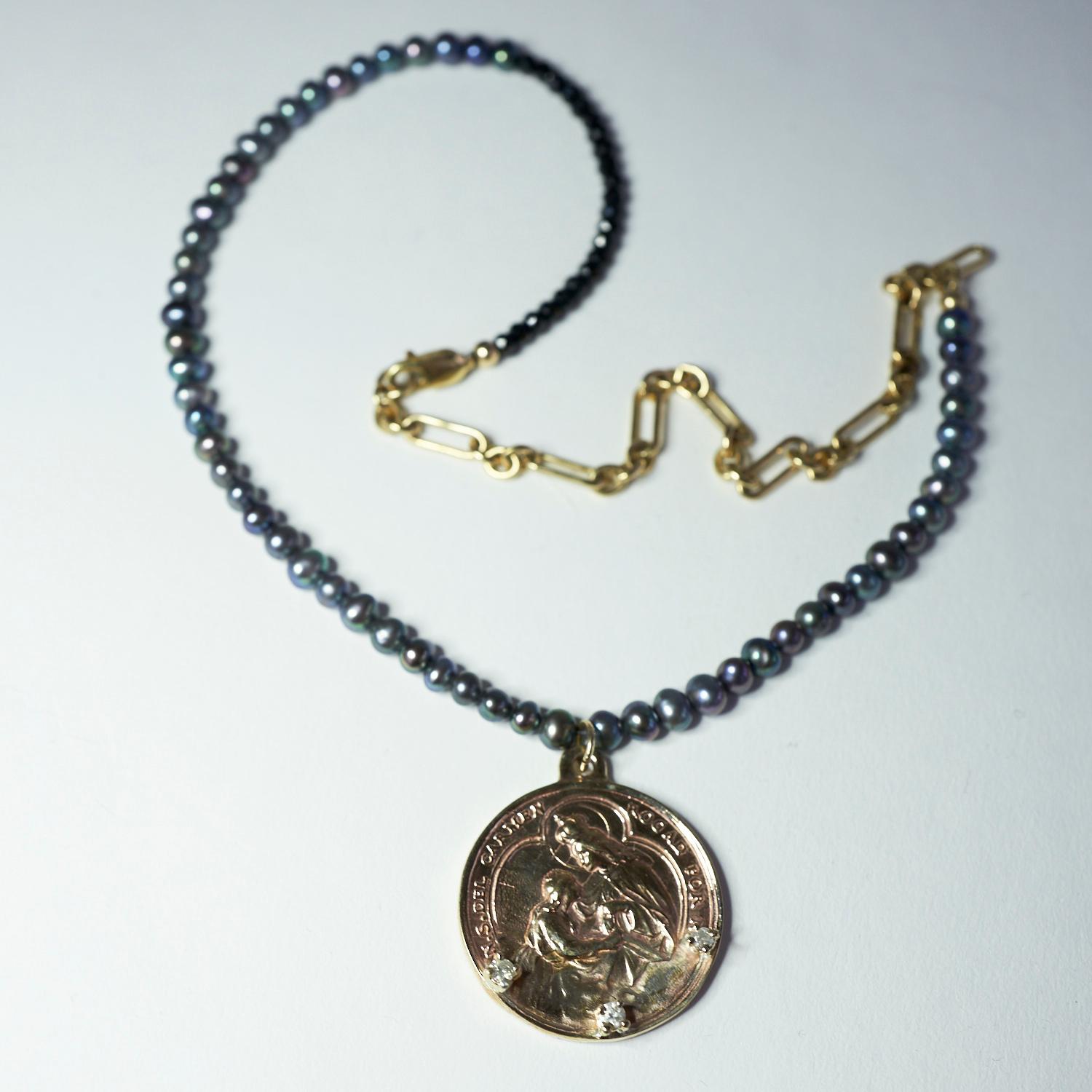 Diamond Virgin Mary Medal Necklace Black Pearl Chain For Sale 4