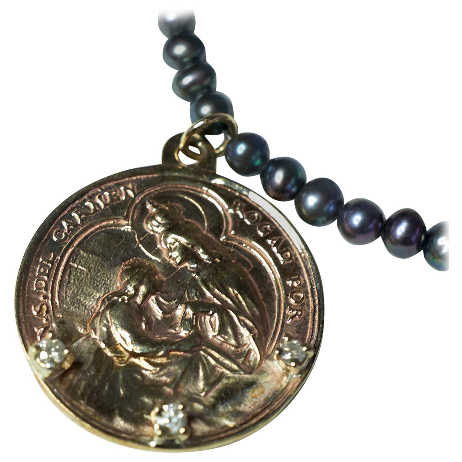 Contemporary Diamond Virgin Mary Medal Necklace Black Pearl Chain For Sale