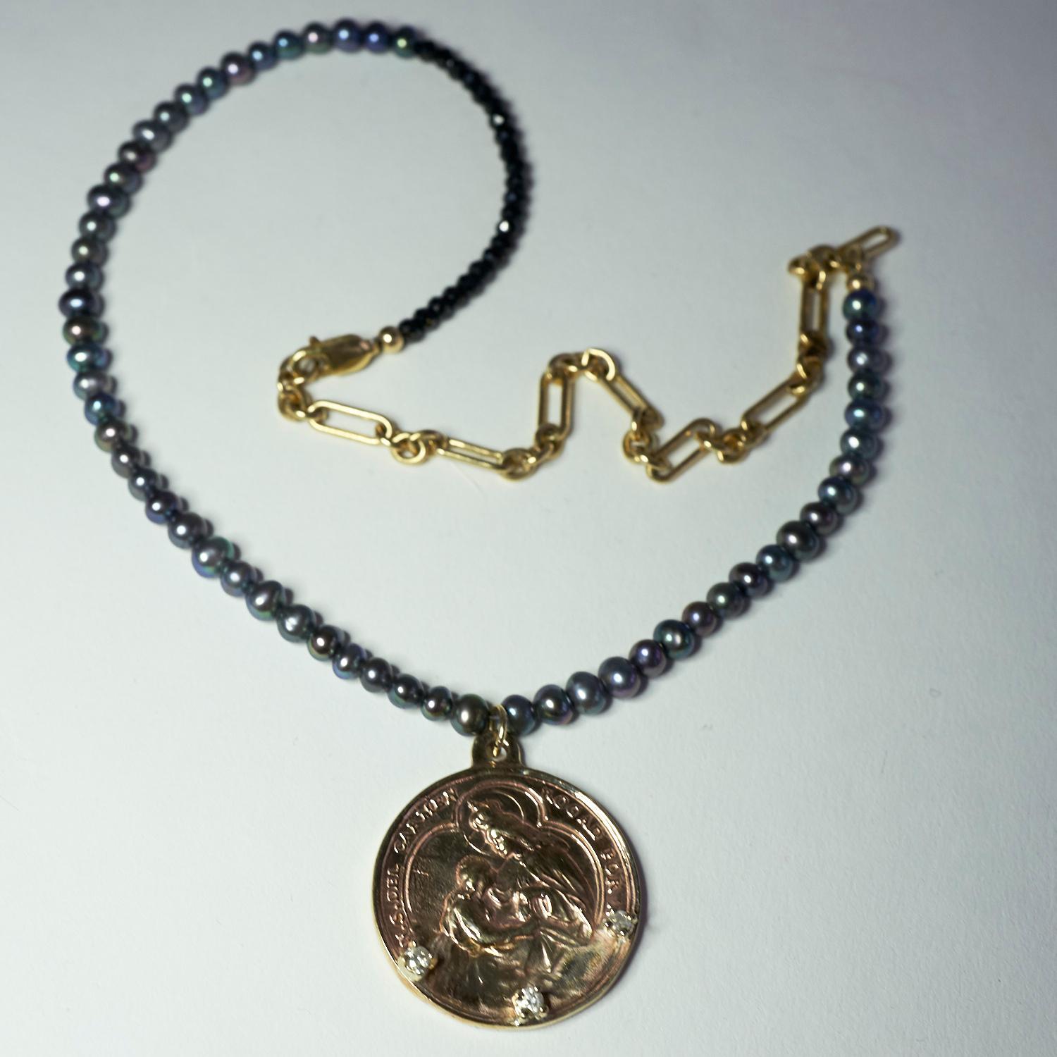 Brilliant Cut Diamond Virgin Mary Medal Necklace Black Pearl Chain For Sale