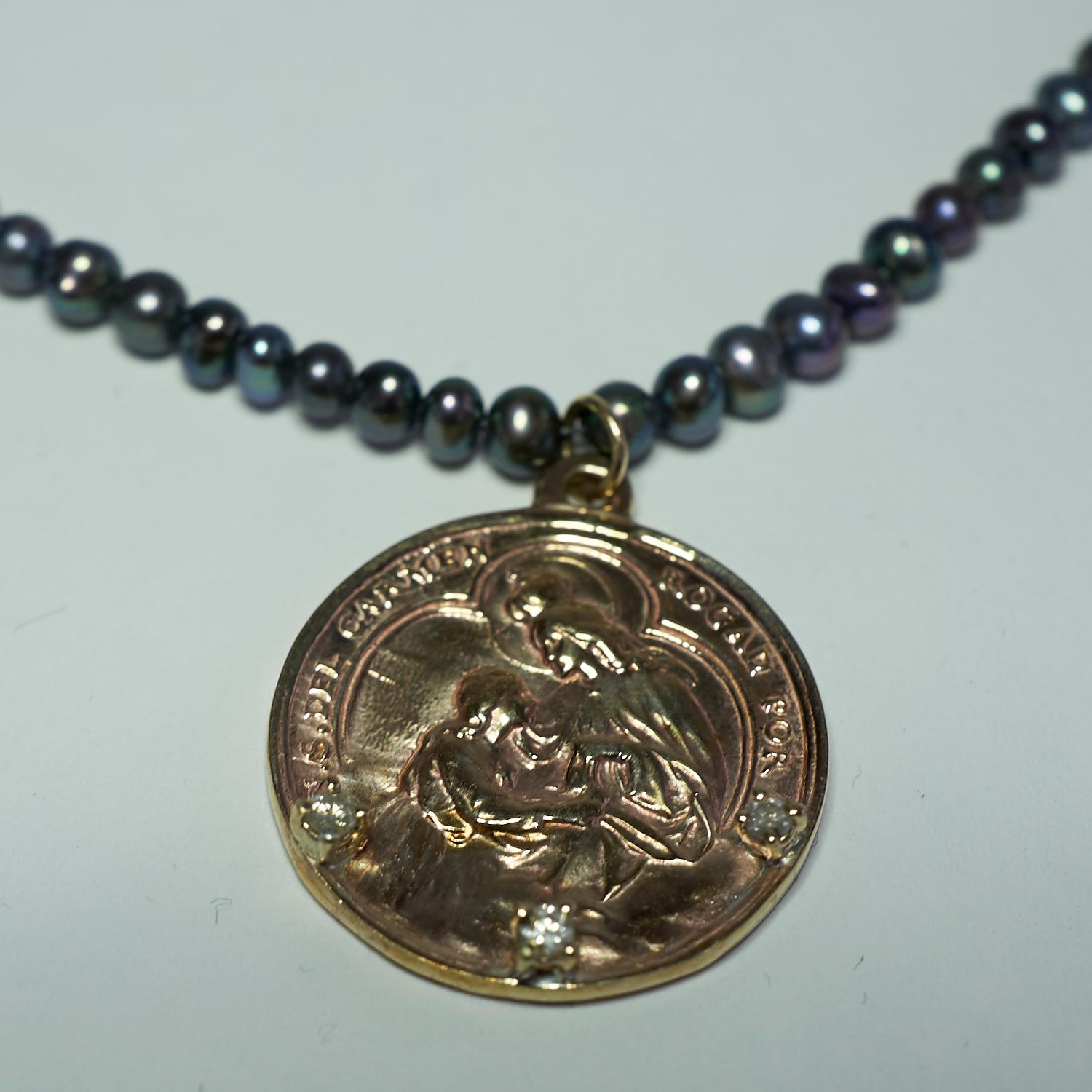 Diamond Virgin Mary Medal Necklace Black Pearl Chain In New Condition For Sale In Los Angeles, CA