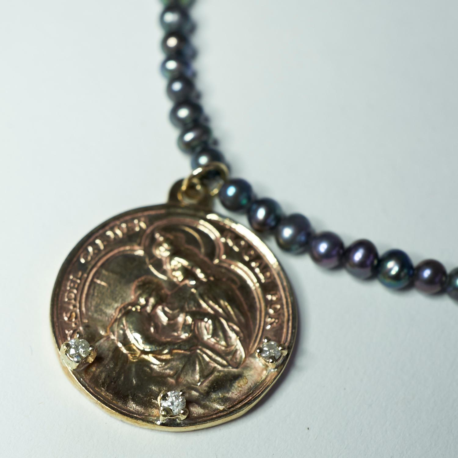 Women's Diamond Virgin Mary Medal Necklace Black Pearl Chain For Sale