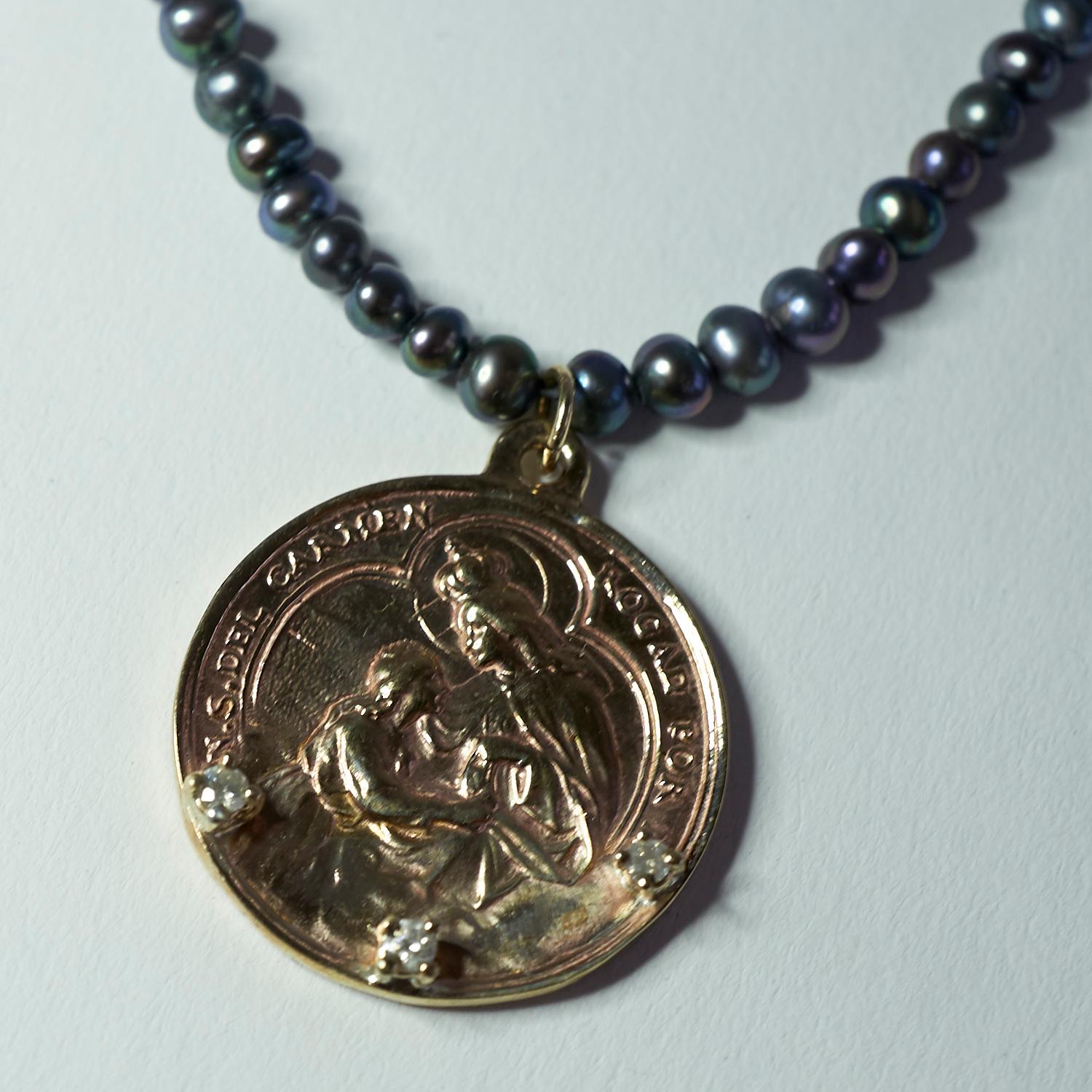 Diamond Virgin Mary Medal Necklace Black Pearl Chain For Sale 1