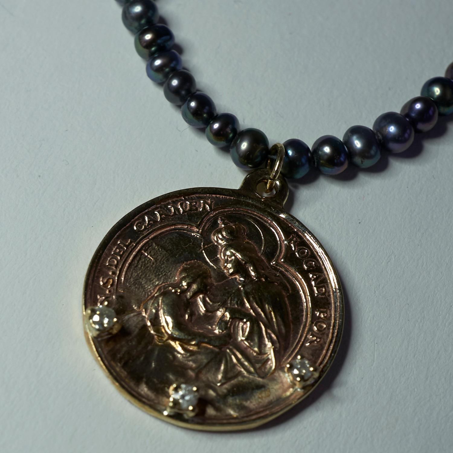 Diamond Virgin Mary Medal Necklace Black Pearl Chain For Sale 2