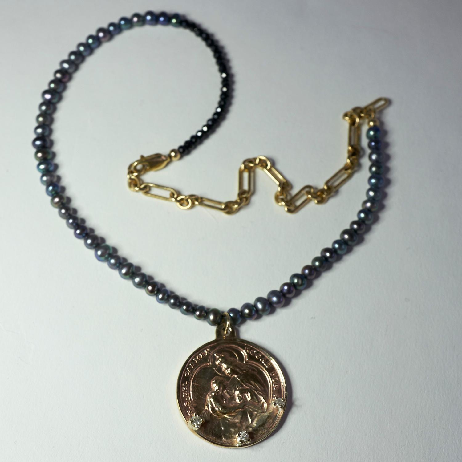 Diamond Virgin Mary Medal Necklace Black Pearl Chain For Sale 3