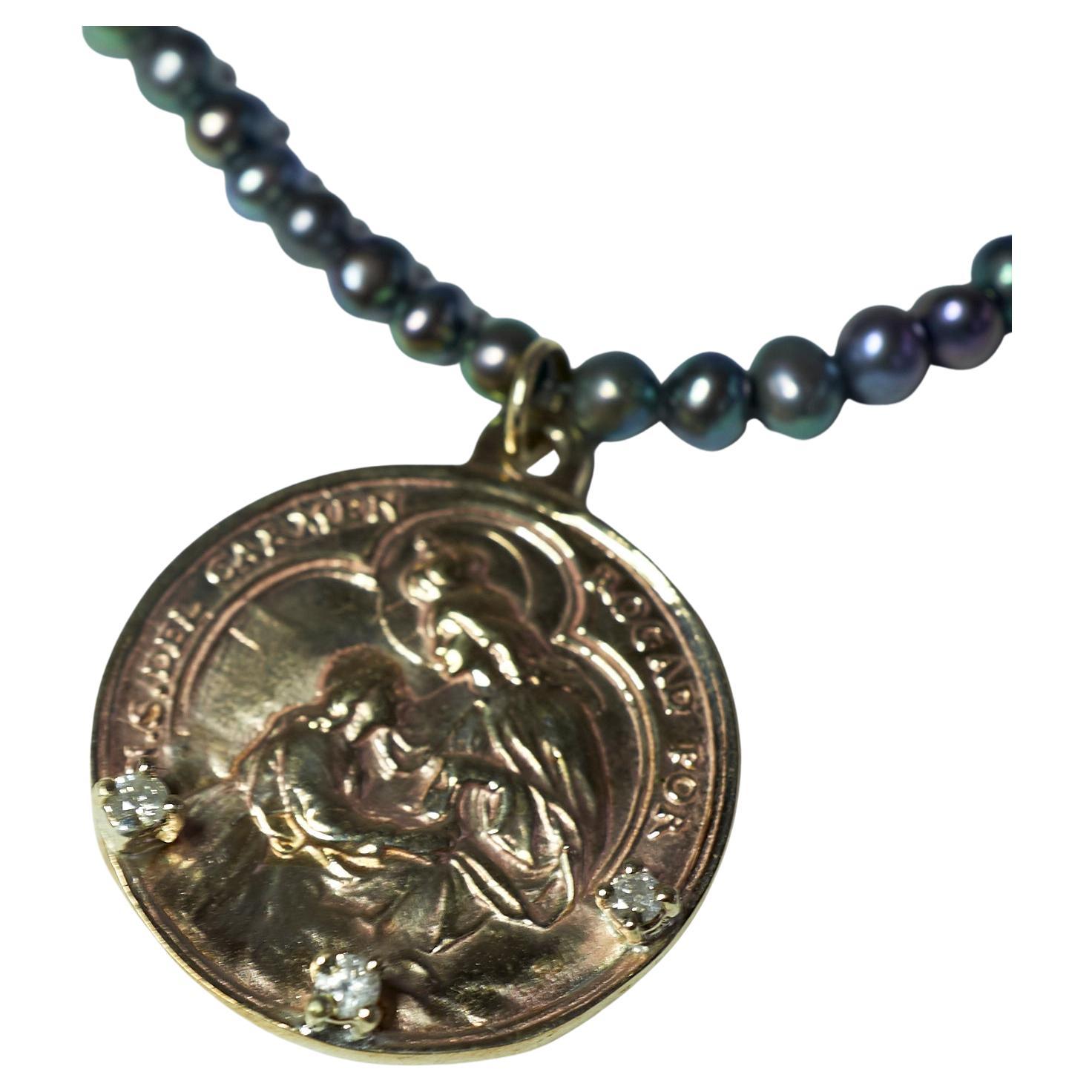 Diamond Virgin Mary Medal Necklace Black Pearl Chain