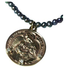 Diamond Virgin Mary Medal Necklace Black Pearl Chain