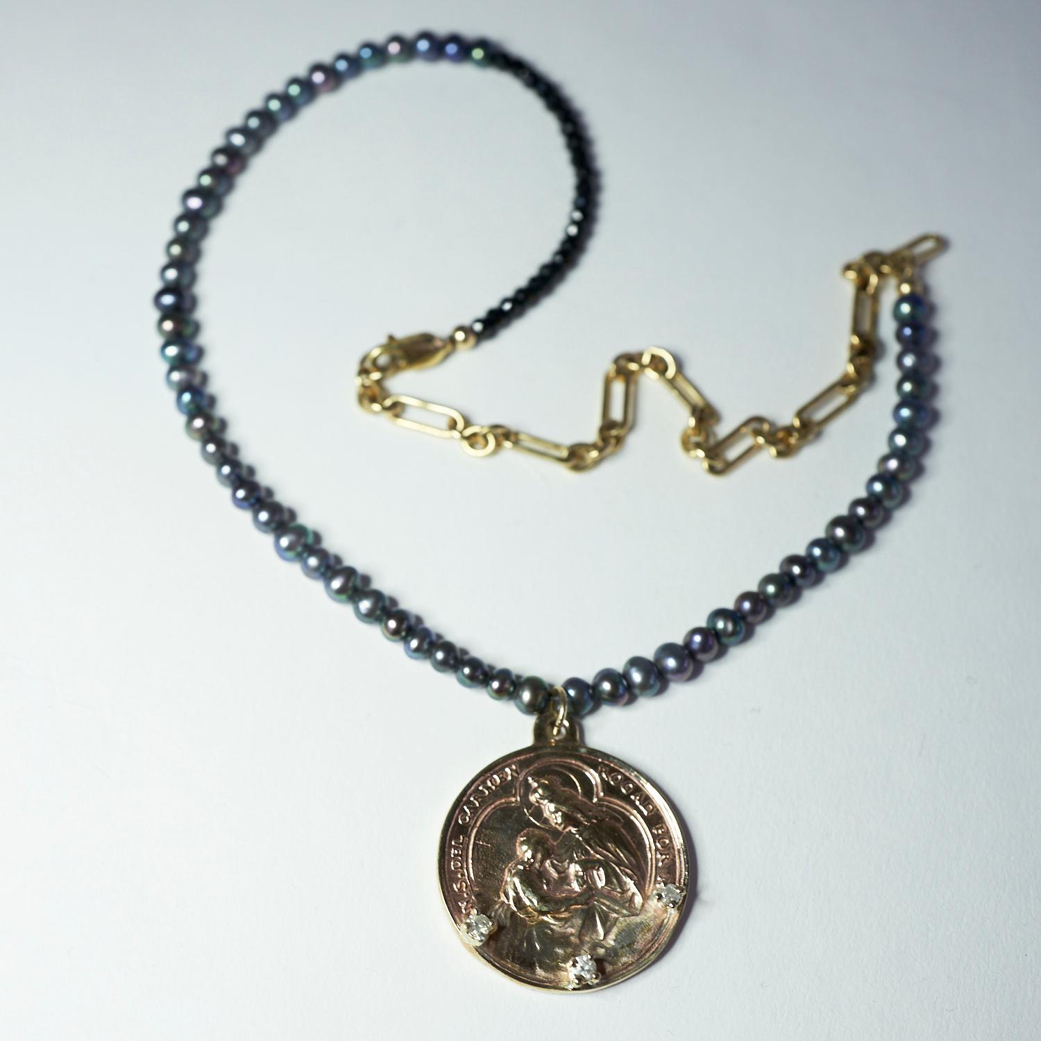 Diamond Virgin Mary Medal Necklace Choker Black Pearl Bead Chain J Dauphin For Sale 4