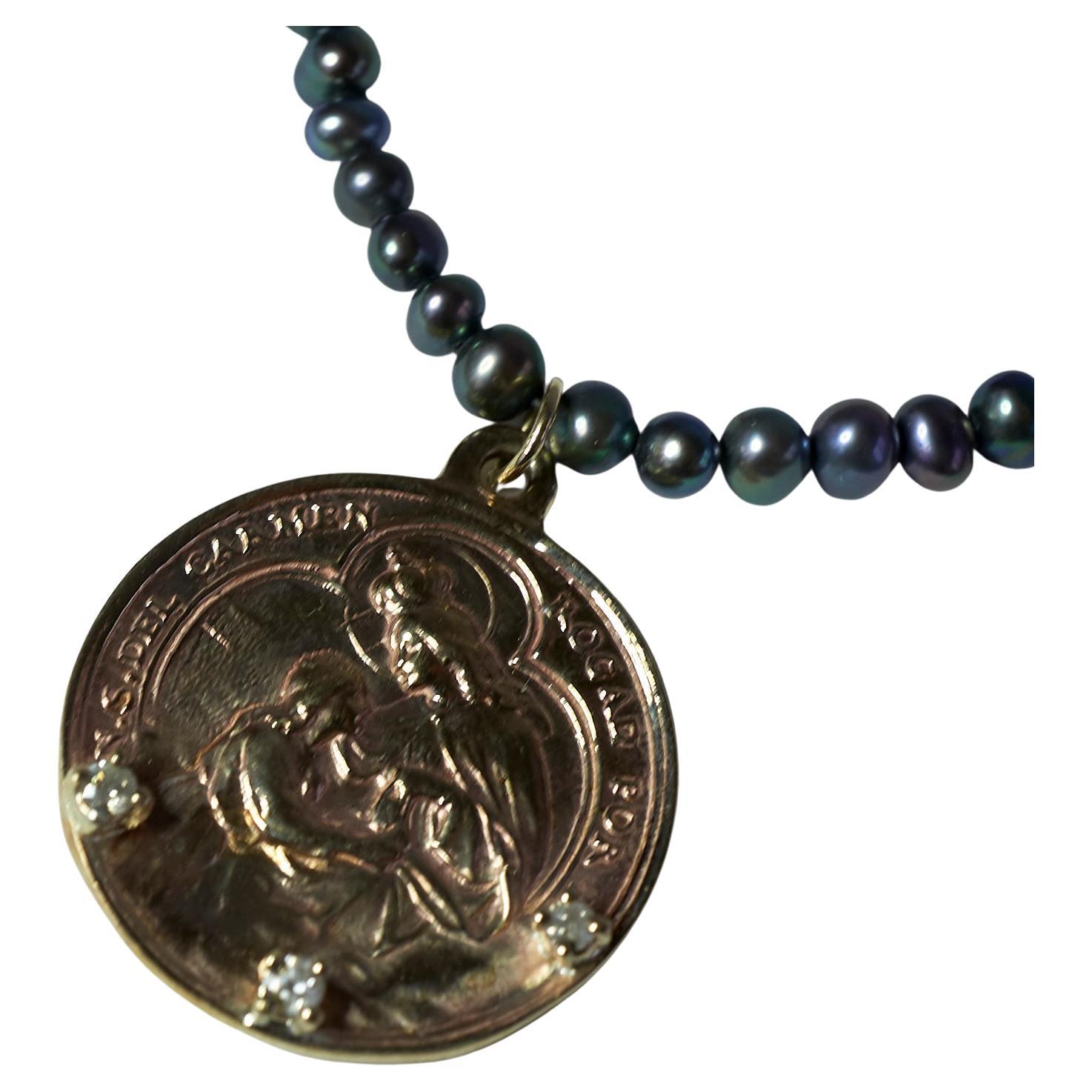 Brilliant Cut Diamond Virgin Mary Medal Necklace Choker Black Pearl Bead Chain J Dauphin For Sale