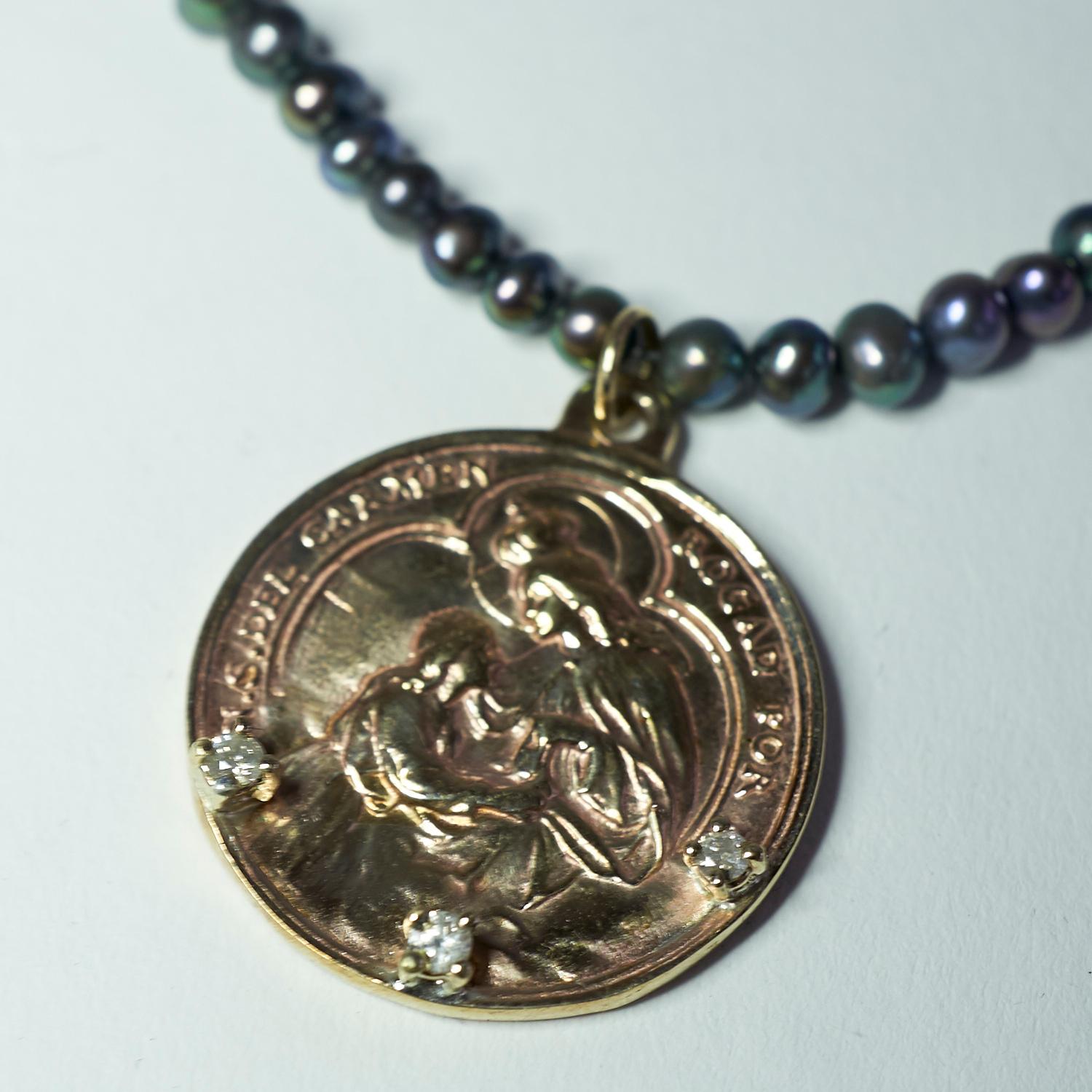 Diamond Virgin Mary Medal Necklace Choker Black Pearl Bead Chain J Dauphin In New Condition For Sale In Los Angeles, CA