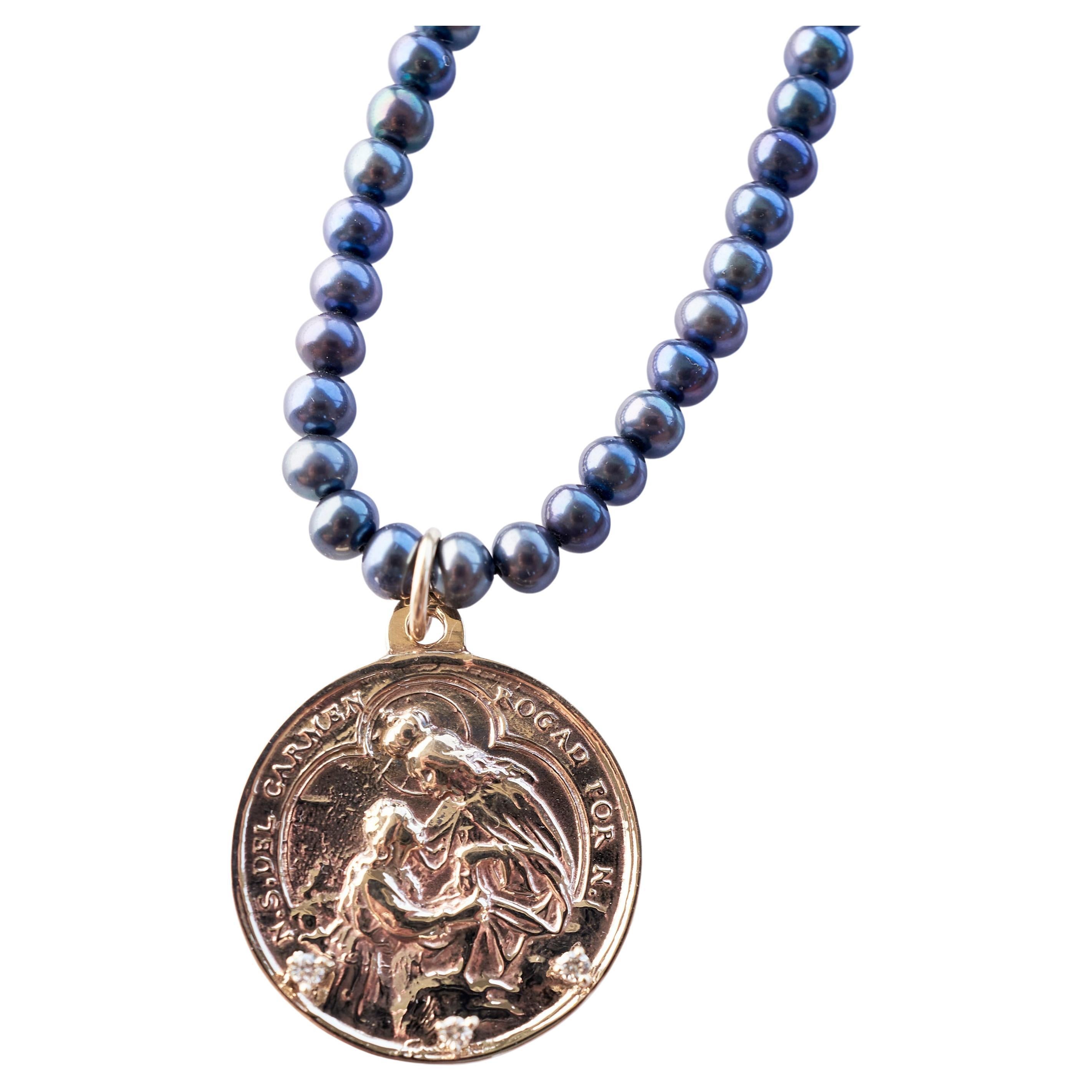 Diamond Virgin Mary Medal Necklace Choker Black Pearl Bead Chain J Dauphin For Sale