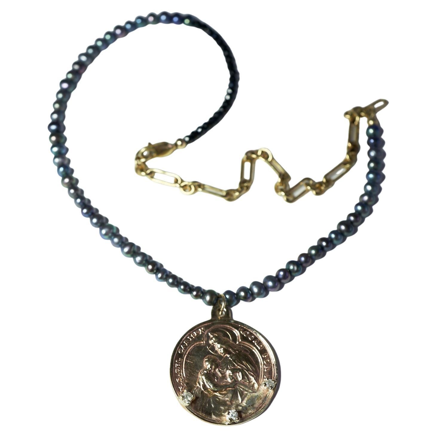 Diamond Virgin Mary Medal Necklace Choker Black Pearl Bead Chain J Dauphin