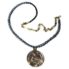 Diamond Virgin Mary Medal Necklace Choker Black Pearl Bead Chain J Dauphin