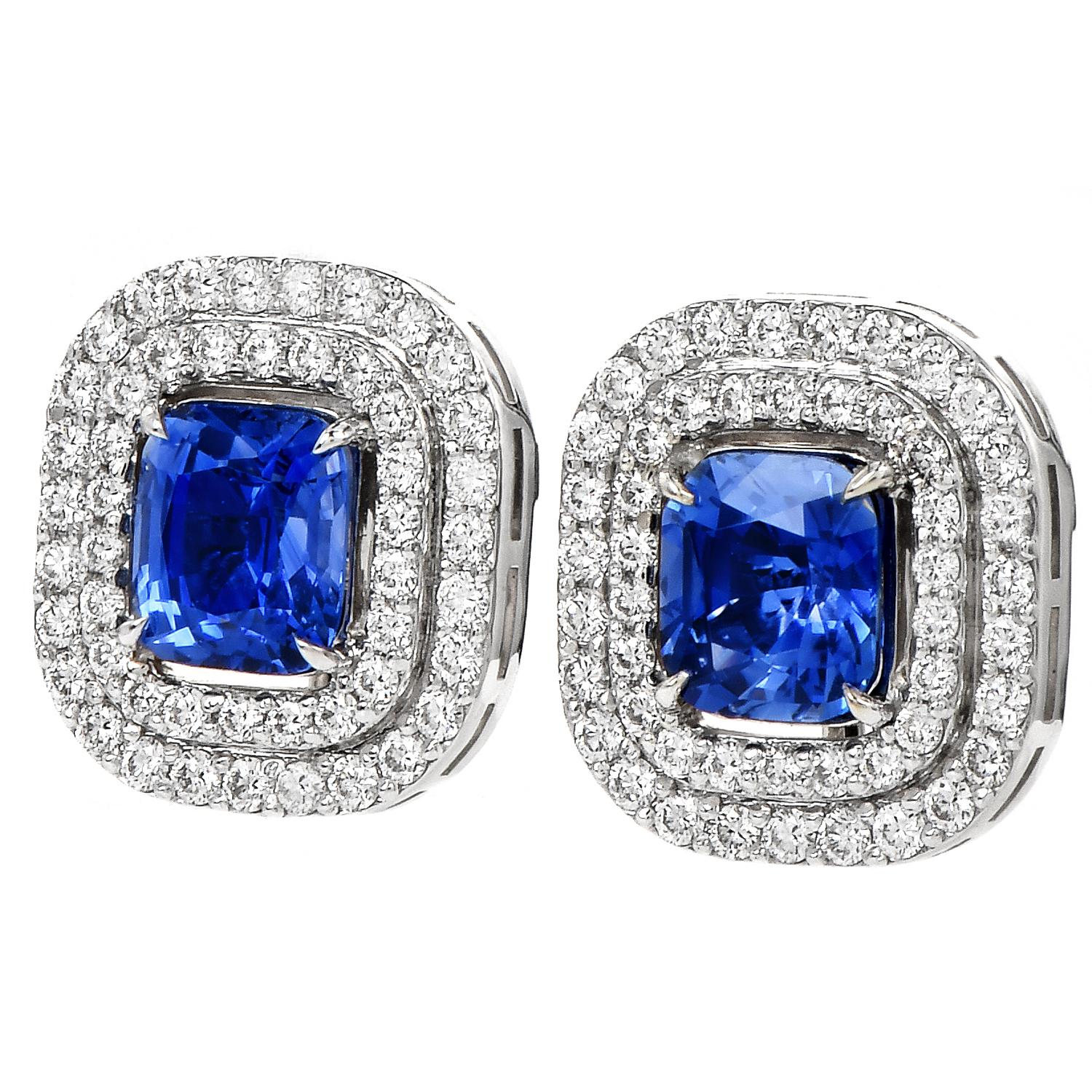 Modern Diamond Vivid Blue Sapphire 18K White Gold Cushion Halo Clip on Earrings For Sale