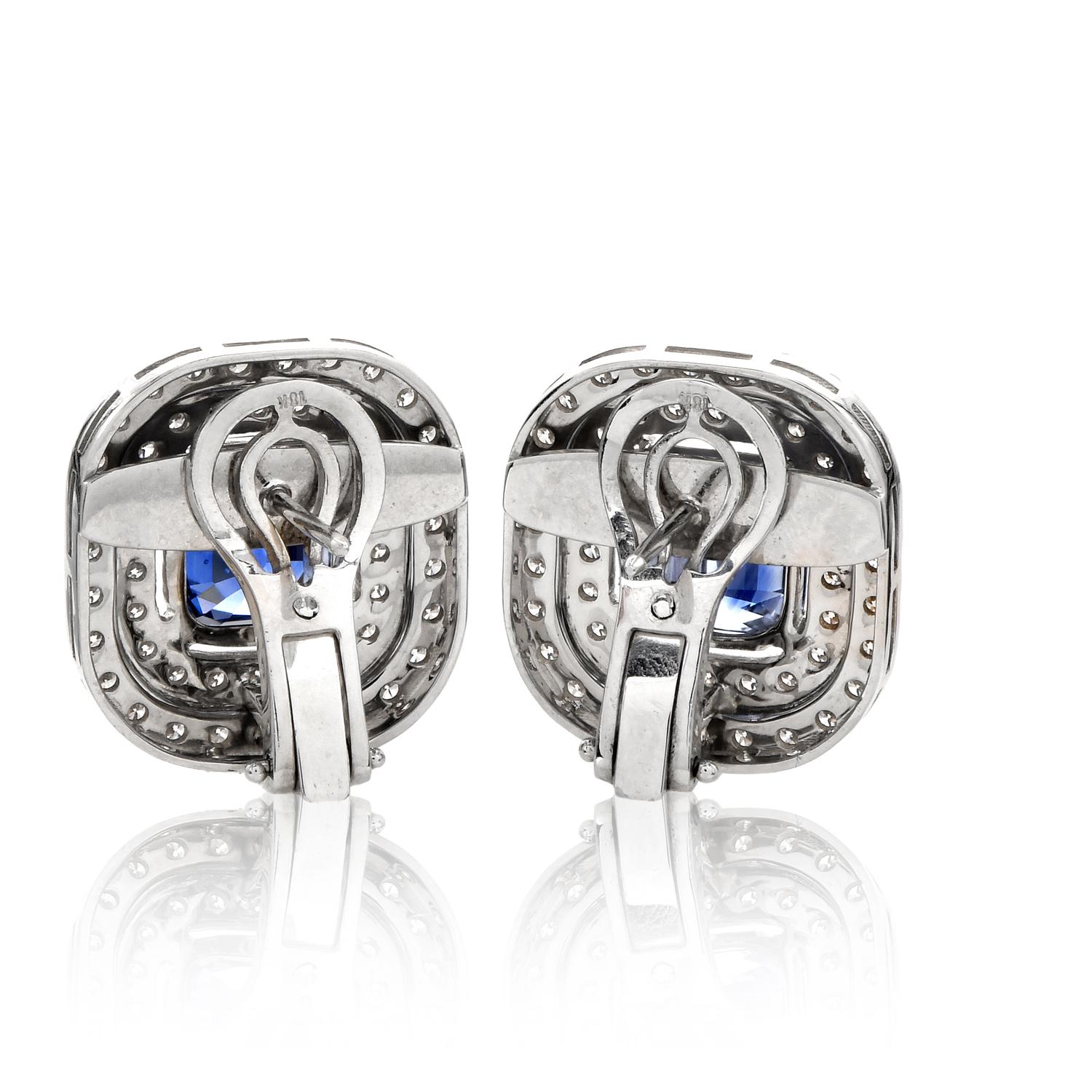 Cushion Cut Diamond Vivid Blue Sapphire 18K White Gold Cushion Halo Clip on Earrings For Sale