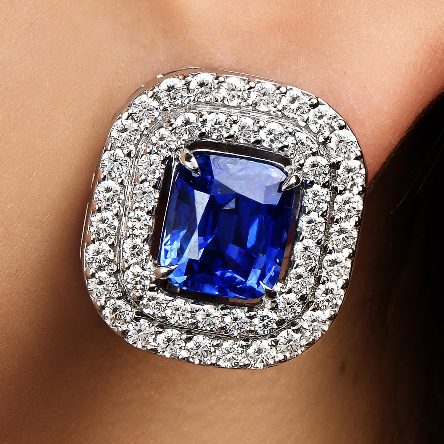 Women's Diamond Vivid Blue Sapphire 18K White Gold Cushion Halo Clip on Earrings For Sale
