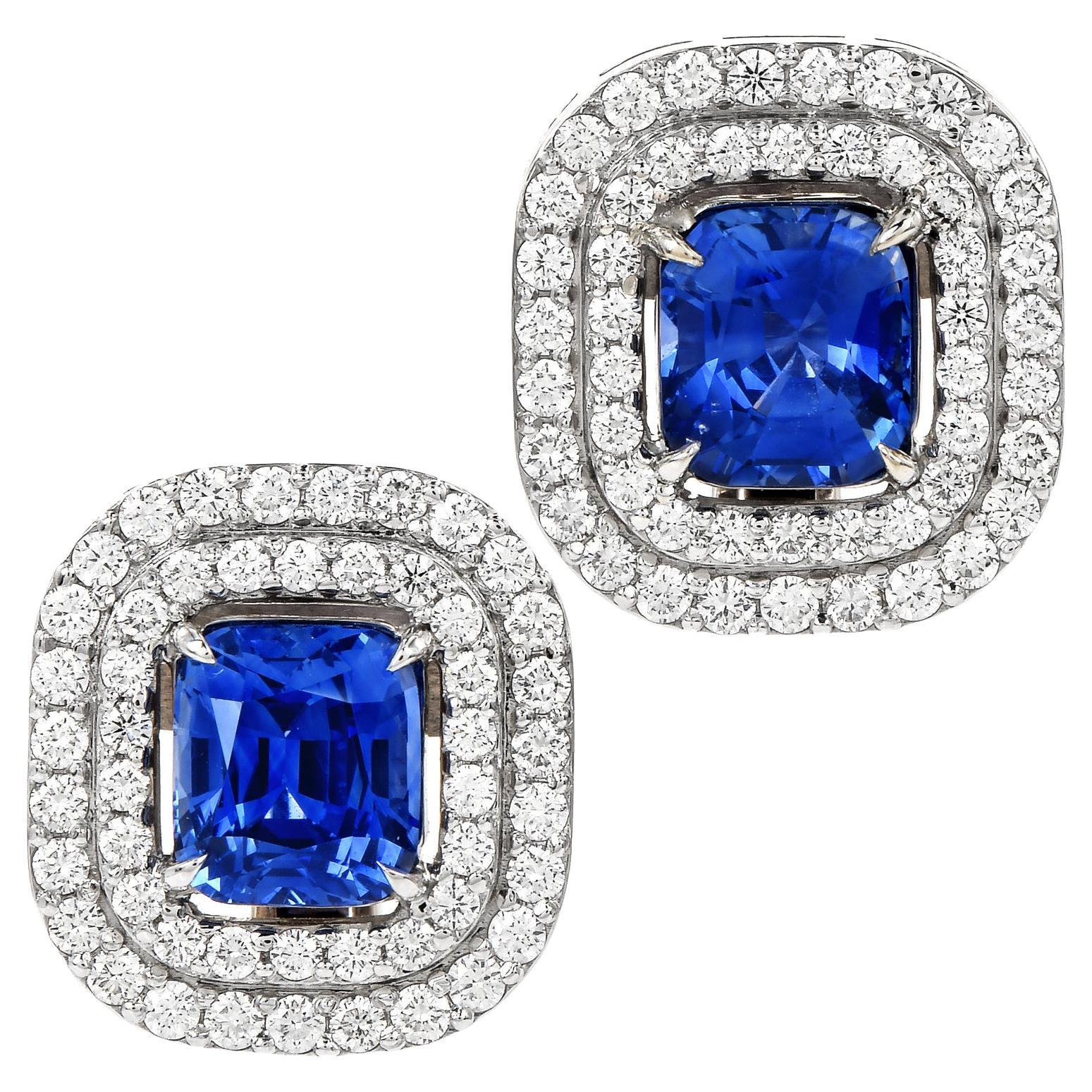 Diamond Vivid Blue Sapphire 18K White Gold Cushion Halo Clip on Earrings For Sale