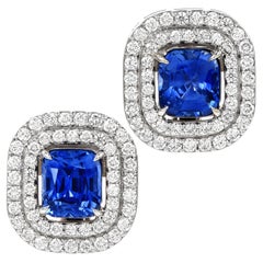 Diamond Vivid Blue Sapphire 18K White Gold Cushion Halo Clip on Earrings