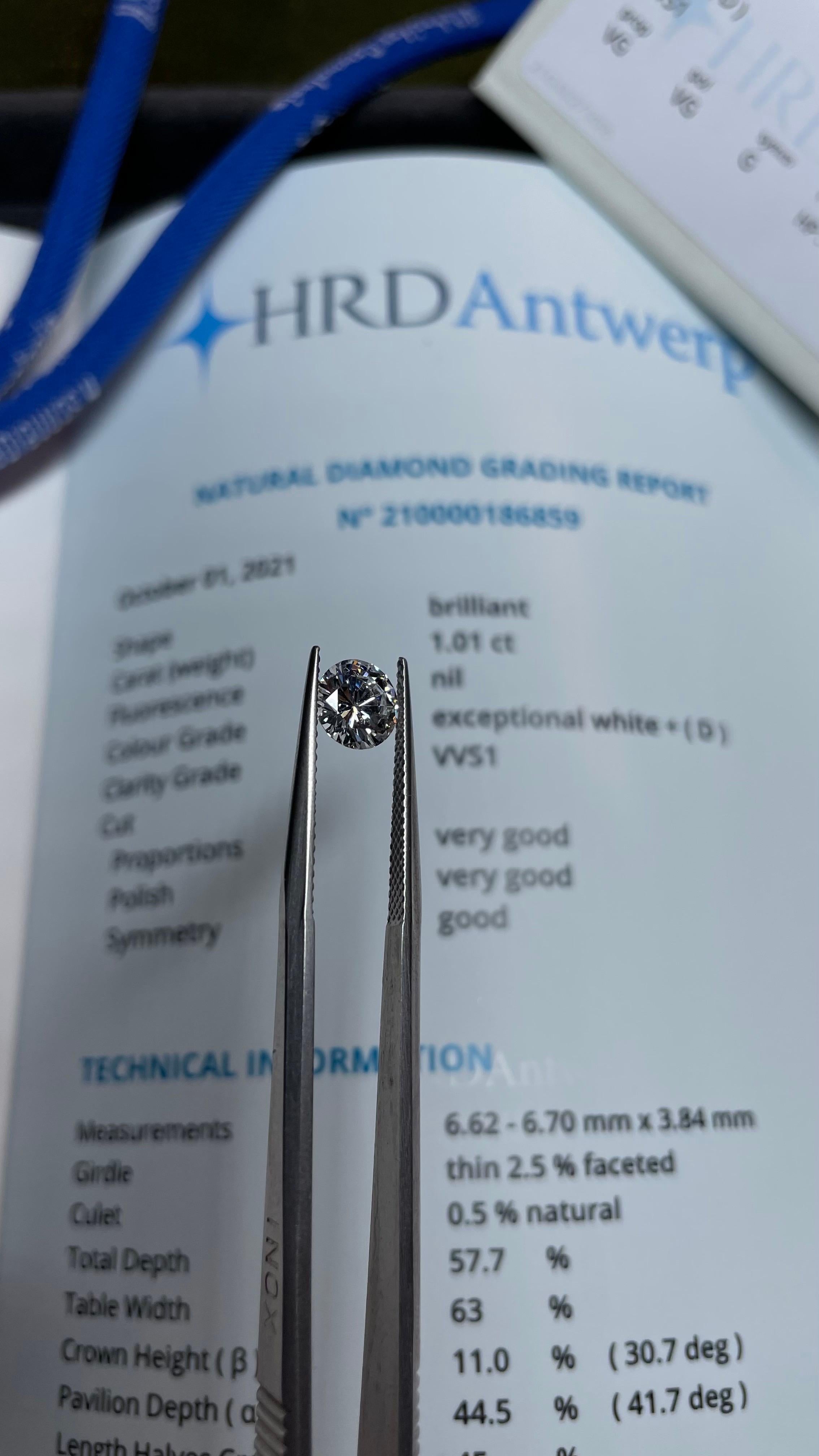 Diamond VVS1 Colour:D Certified HRD Antwerp 1.01ct For Sale 4