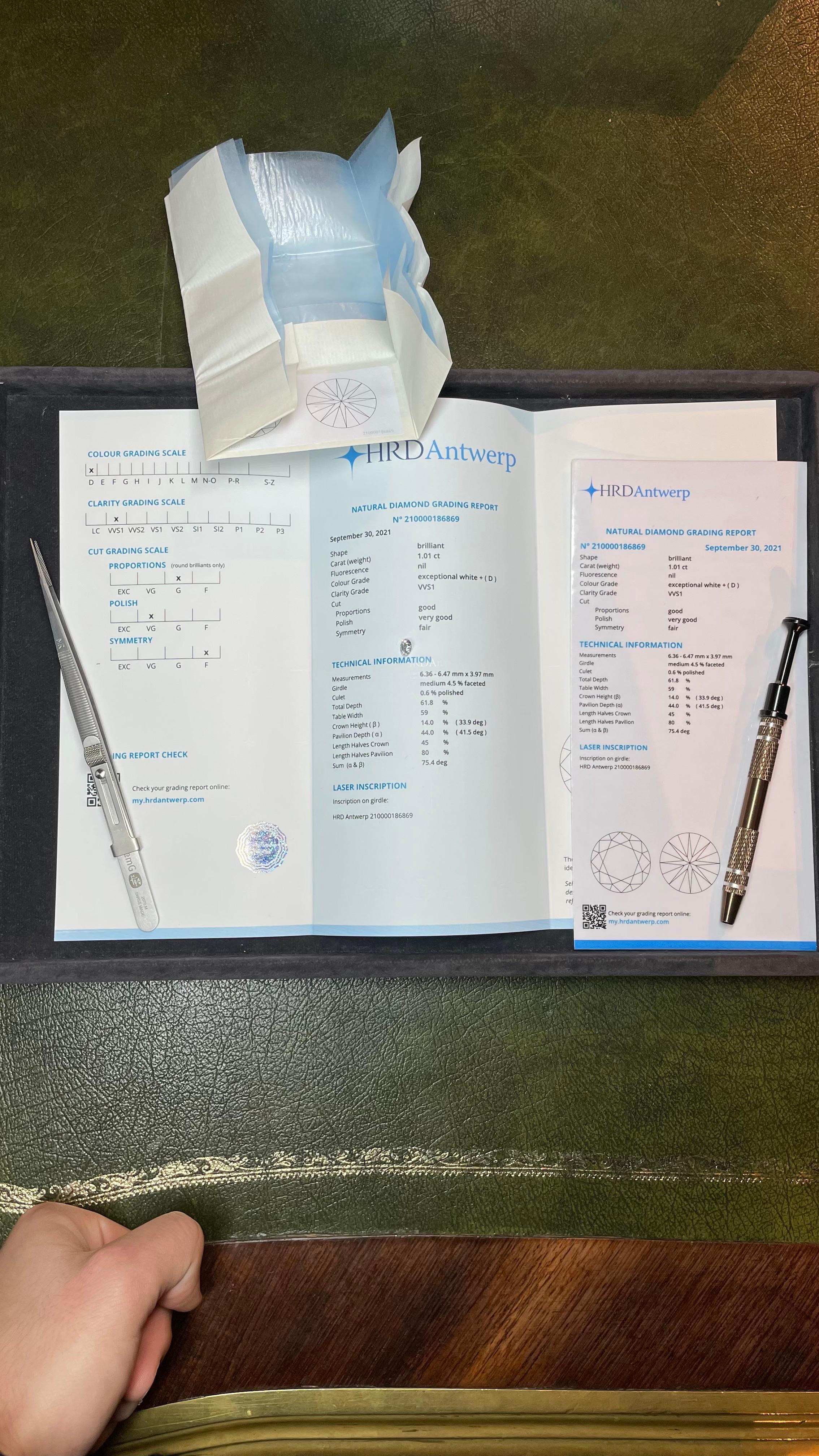 Diamante VVS1 Colore:D Certificato HRD Anversa 1,01ct in vendita 3