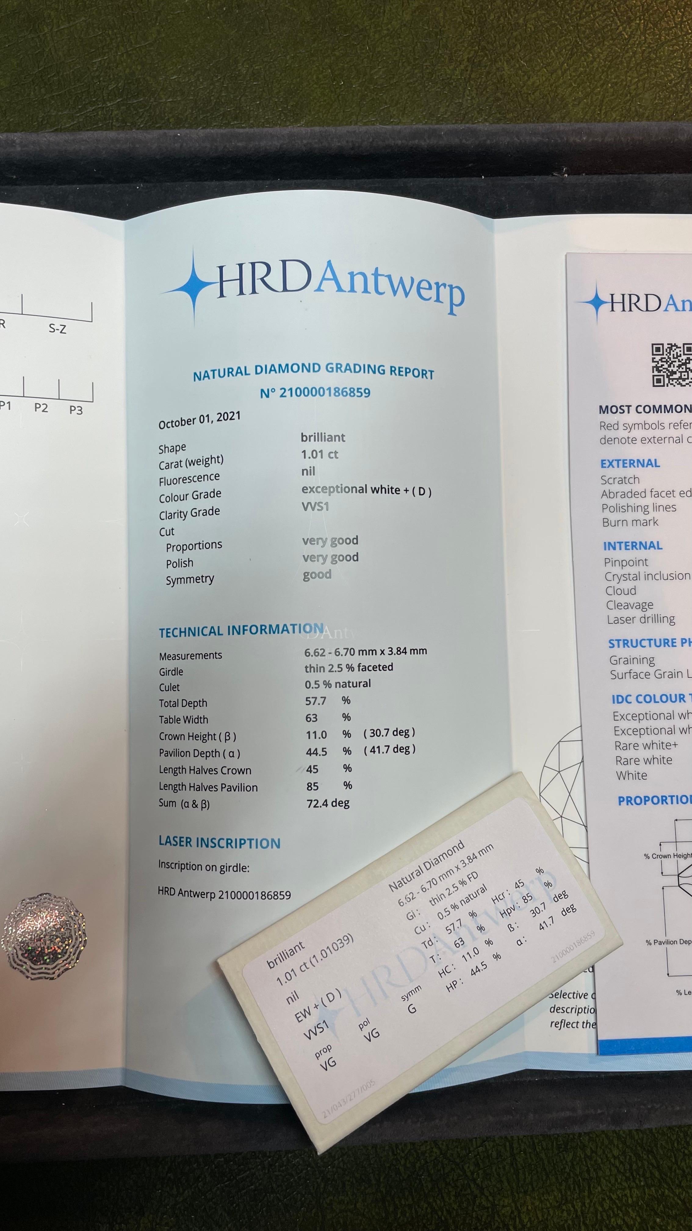 Diamond VVS1 Colour:D Certified HRD Antwerp 1.01ct For Sale 2