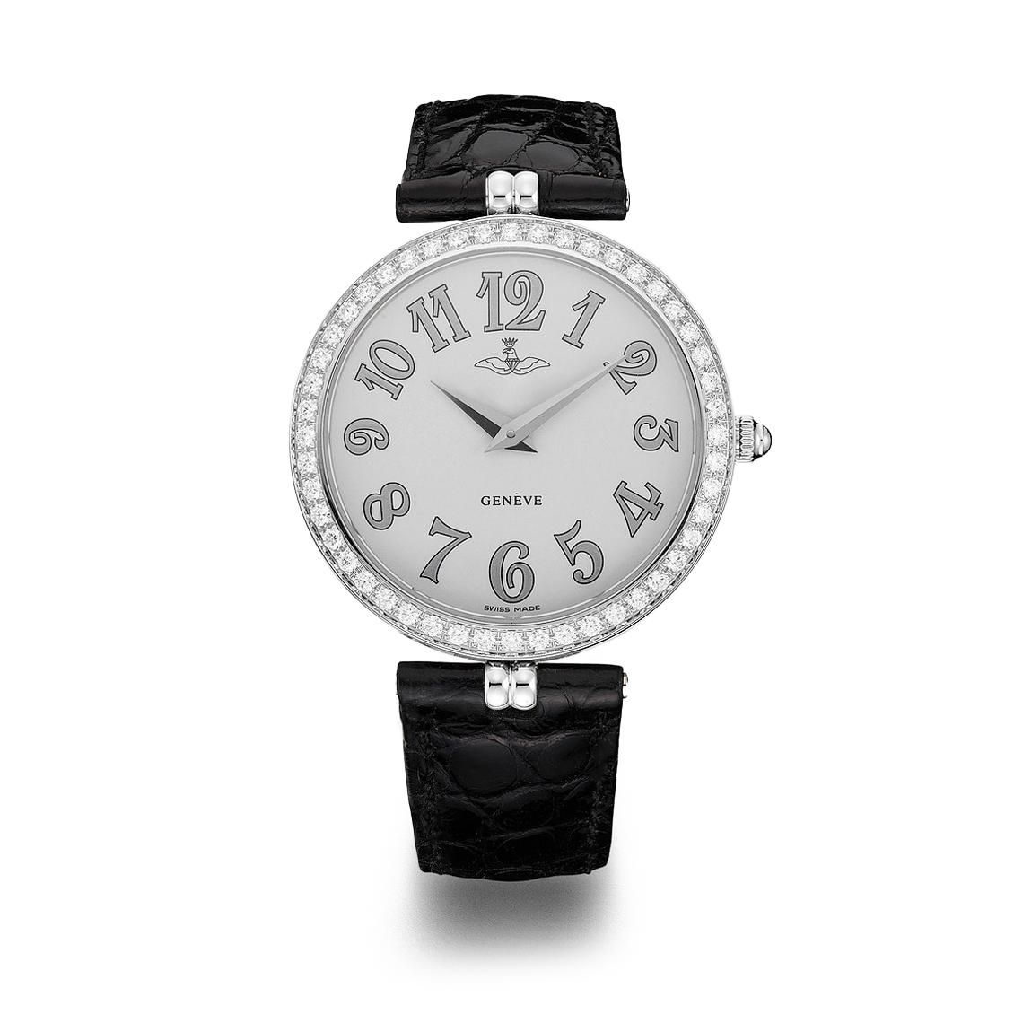 Watch in steel, blanc dial, bezel set with 48 diamonds 0.89 cts with prong buckle alligator strap quartz movement.        