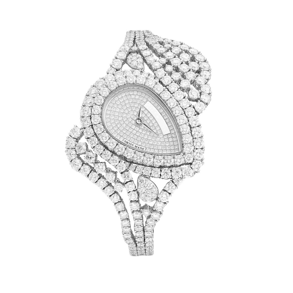 Uhr aus Weißgold 18kt mit 478 Diamanten 20,22 ct auf Gehäuse, Zifferblatt und Armband Quarzwerk besetzt.

Wir übernehmen keine Garantie für das Funktionieren dieser Uhr.
