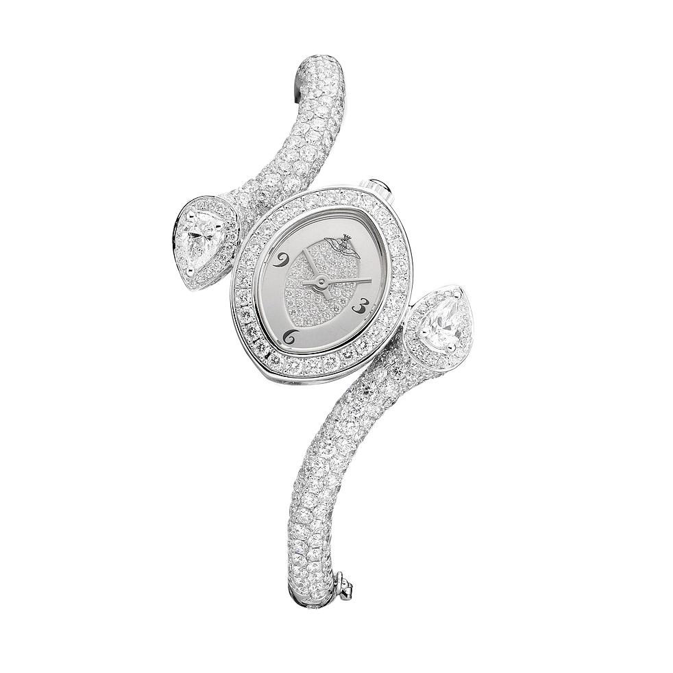 Montega watch in white gold 18kt set with 2 pear-shaped diamonds 0.81 cts case dial and bracelet set with 342 diamonds 5.63 cts quartz movement.

We do not guarantee the functioning of this watch.