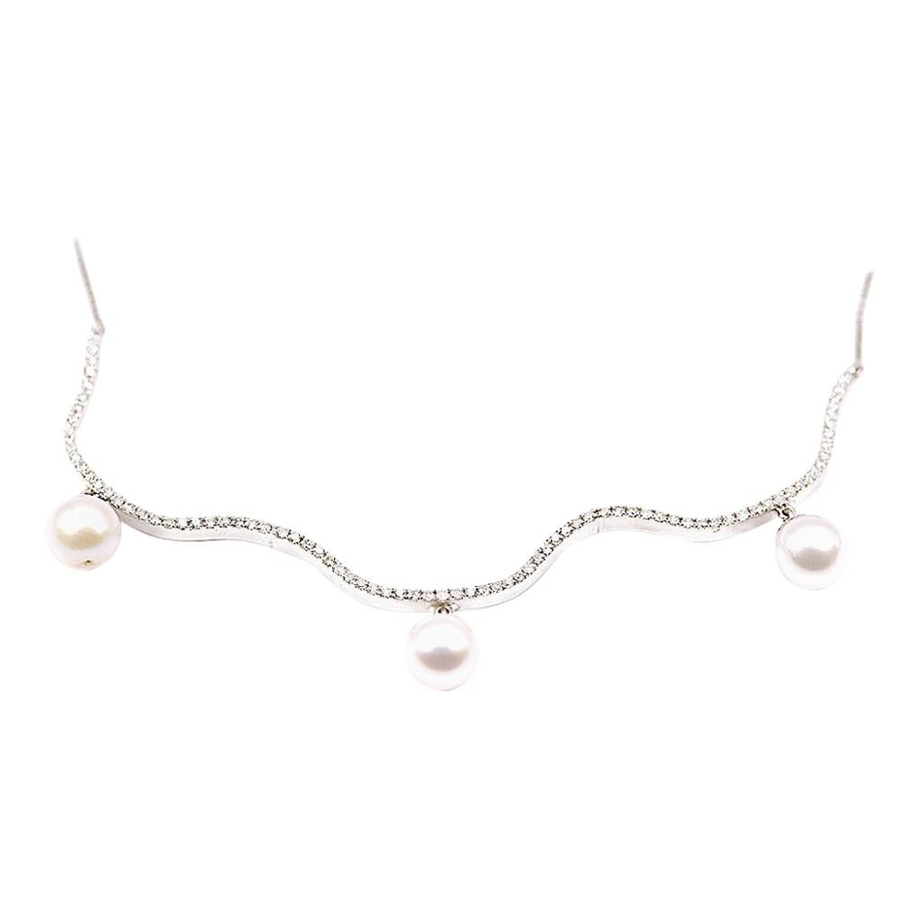Diamond Wave Necklace with Pearls in 18 Karat White Gold For Sale