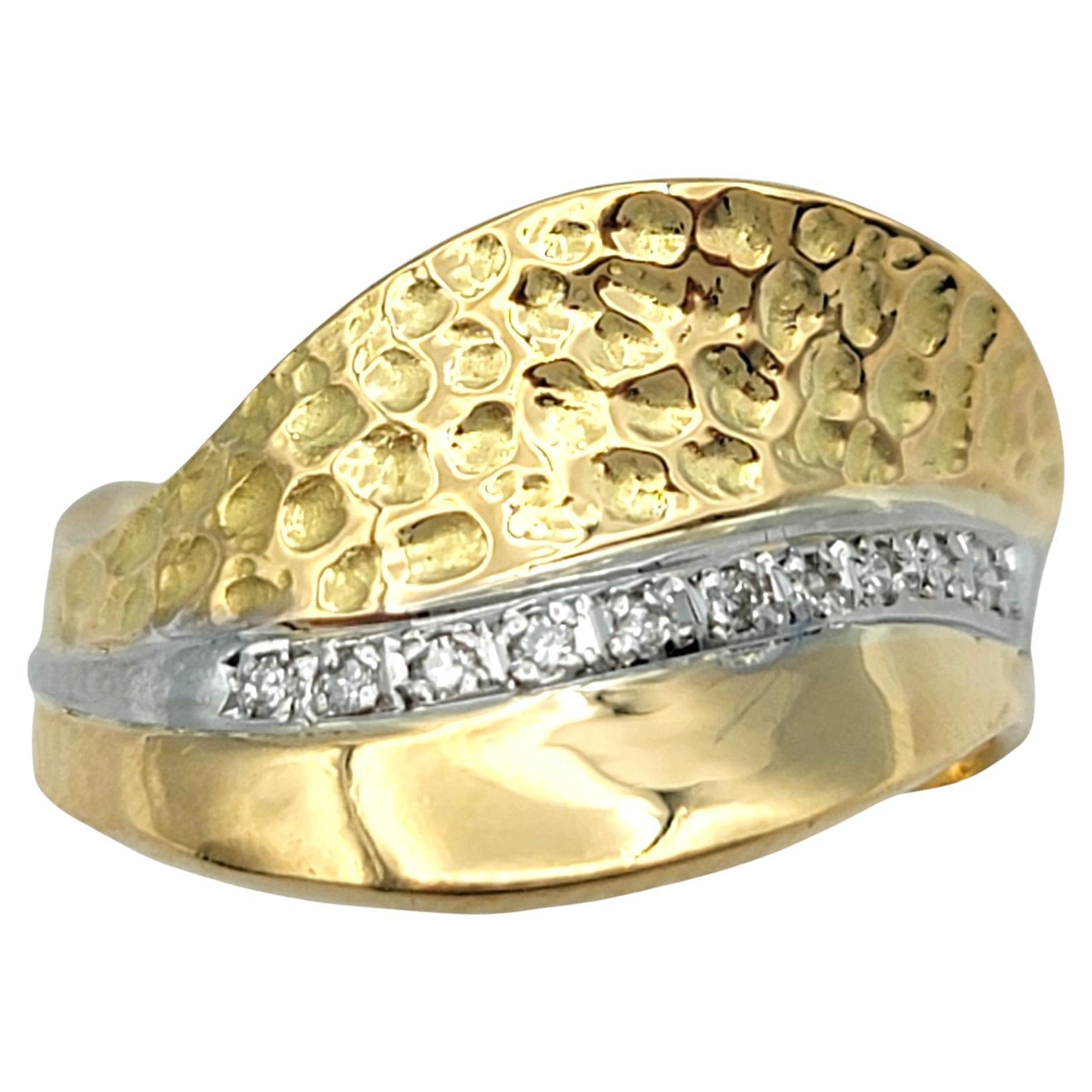 Diamond Wave Ring in Hammered and Polished 18 Karat Yellow Gold and Platinum