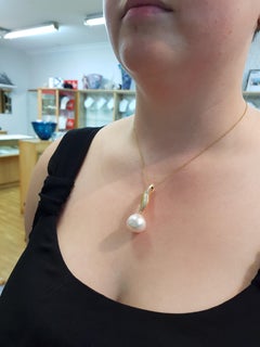 Diamond Wave White Diamond Yellow Gold South Sea Pearl Drop Pendant Necklace