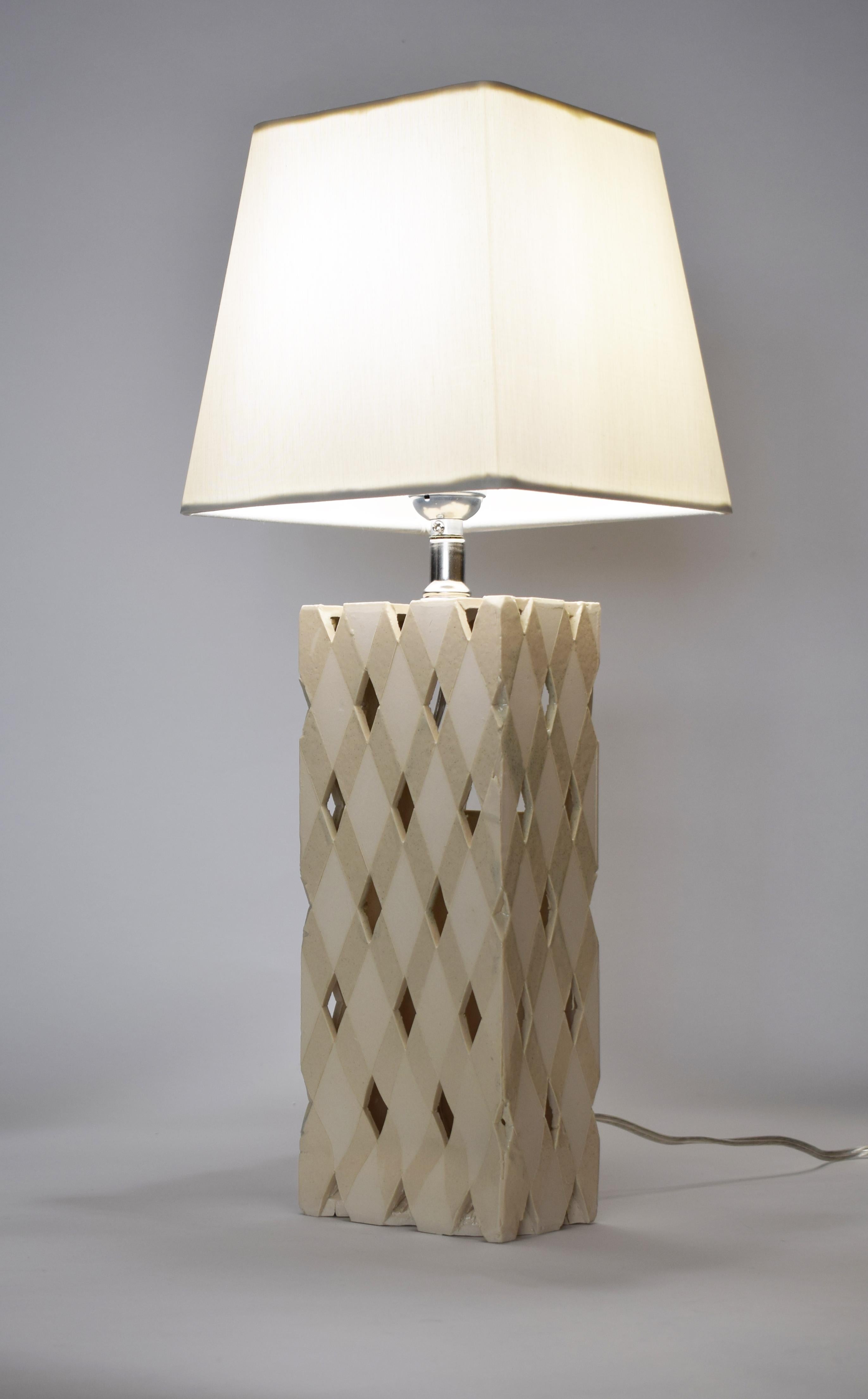 American Glazed Ceramic Diamond Weave Lamp with Whiplash glaze by James Hicks For Sale