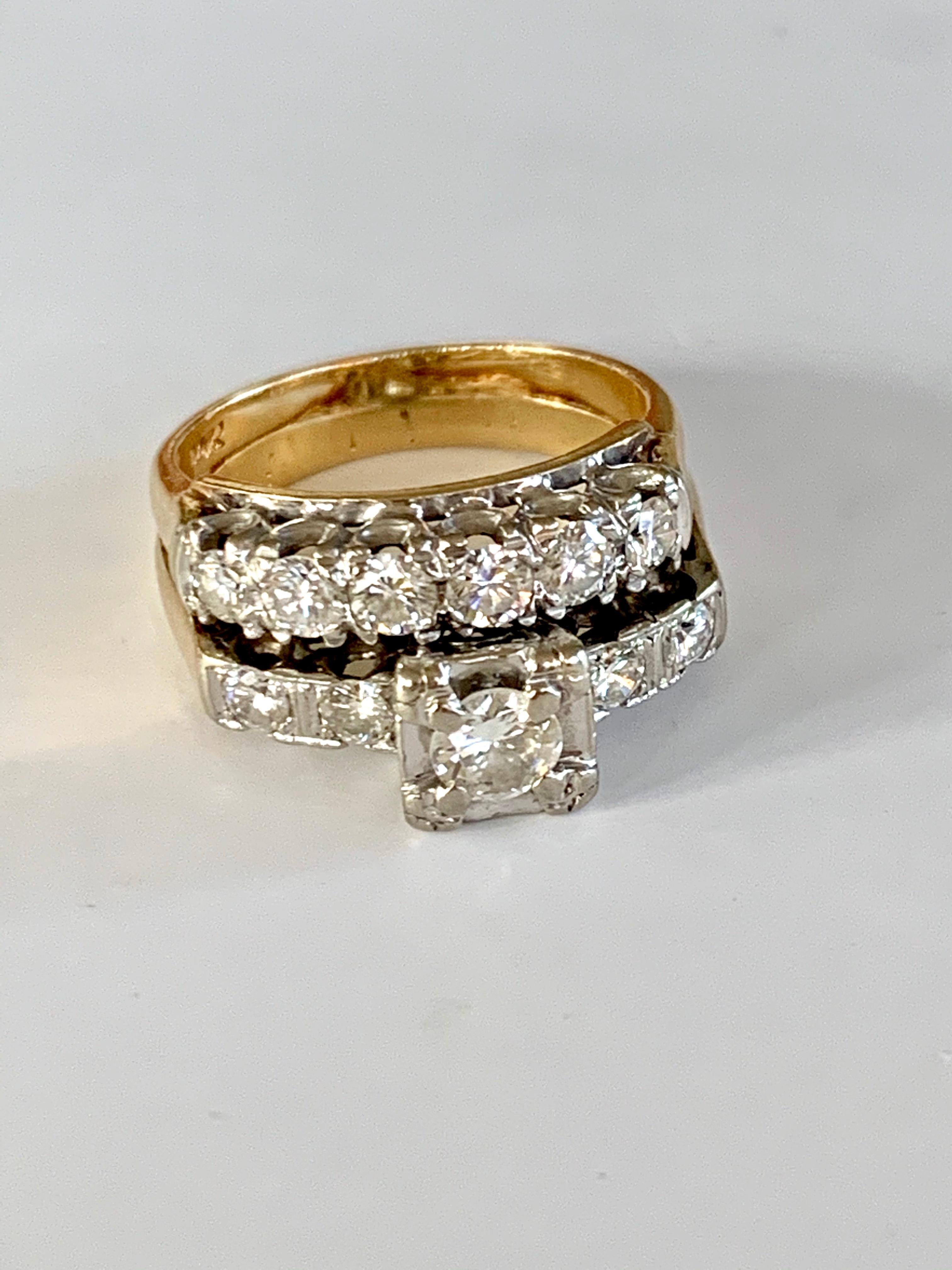 What a lovely and affordable Bridal set.  It features an engagement ring with a .30 ct center stone.  The engagement ring has four side side Diamonds and the wedding band has seven Diamonds .60ctw.  

Size: 5 1/4 - this ring is resizable but vendor