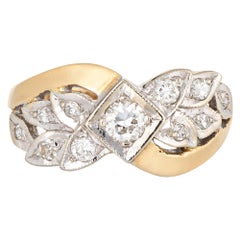 Diamond Wedding Band 14 Karat Gold Two-Tone Ring Leaf Motif Estate Jewelry