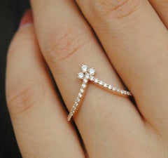 Diamond Wedding Band Deep Chevron V Ring 14k Solid Gold Stack Ring Diamond Band.