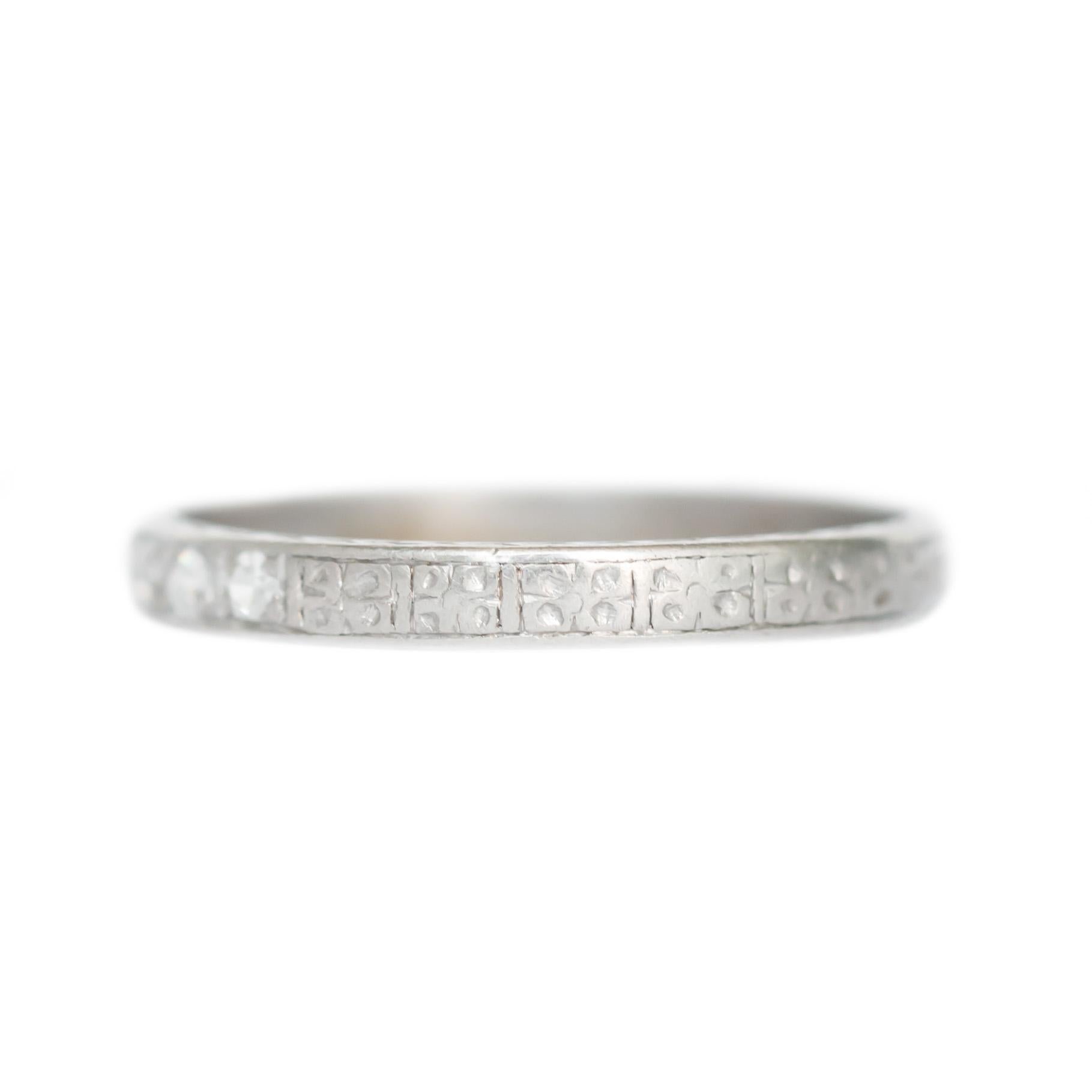 Item Details: 
Ring Size: 7.75
Metal Type: Platinum
Weight: 2.8 grams

Side Stone Details: 
Shape: Old European Brilliant
Total Carat Weight: .12 carat, total weight
Color: F
Clarity: VS

Width of band: 2.51mm
Finger to Top of Stone Measurement: