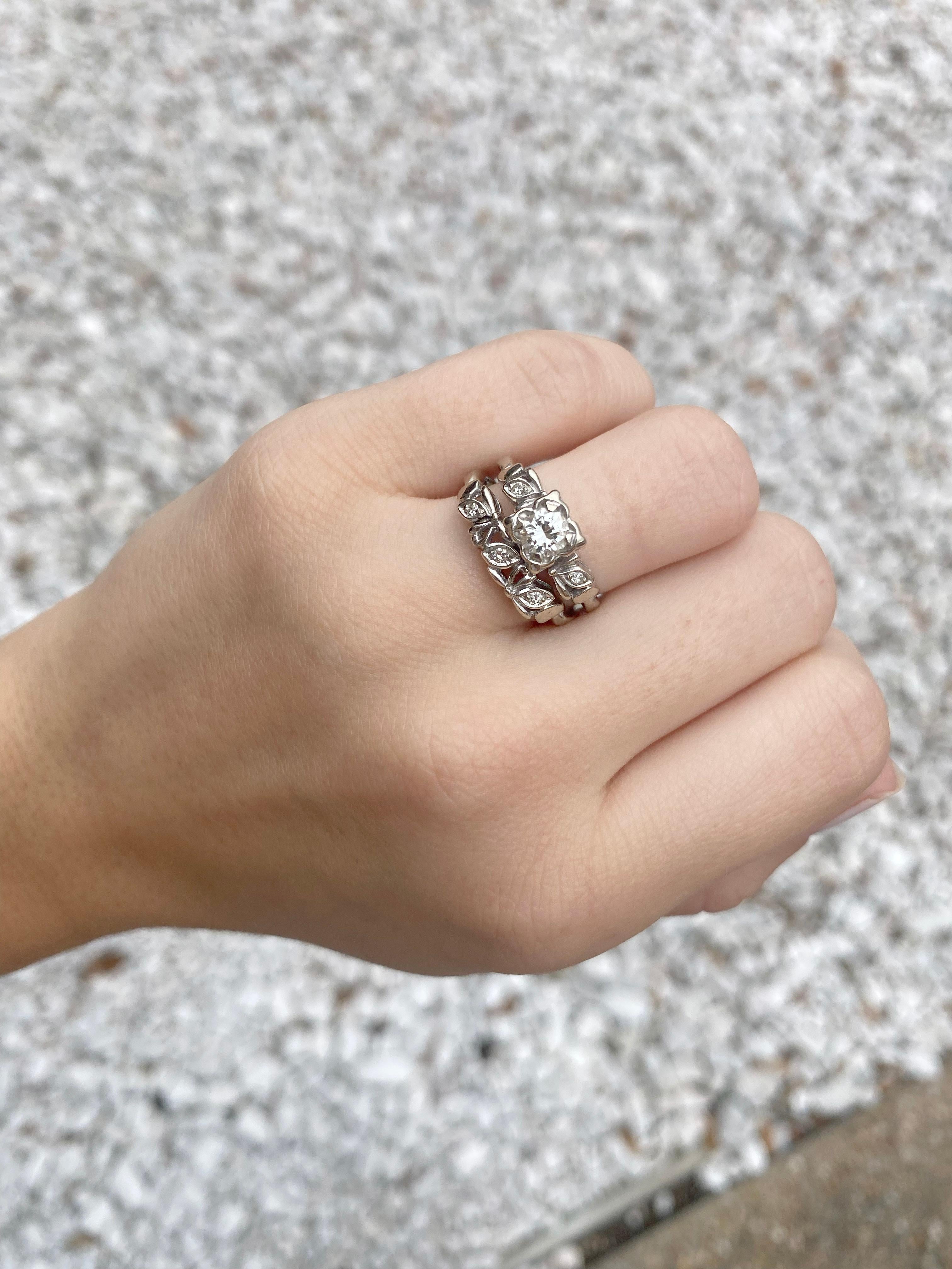 This CIRCA 1953 estate engagement ring and wedding band is stunning! With an almost half carat diamond set in the center (0.44 ct) in the original setting. This ring has all the original diamonds and metal! It's in fantastic shape and still look as