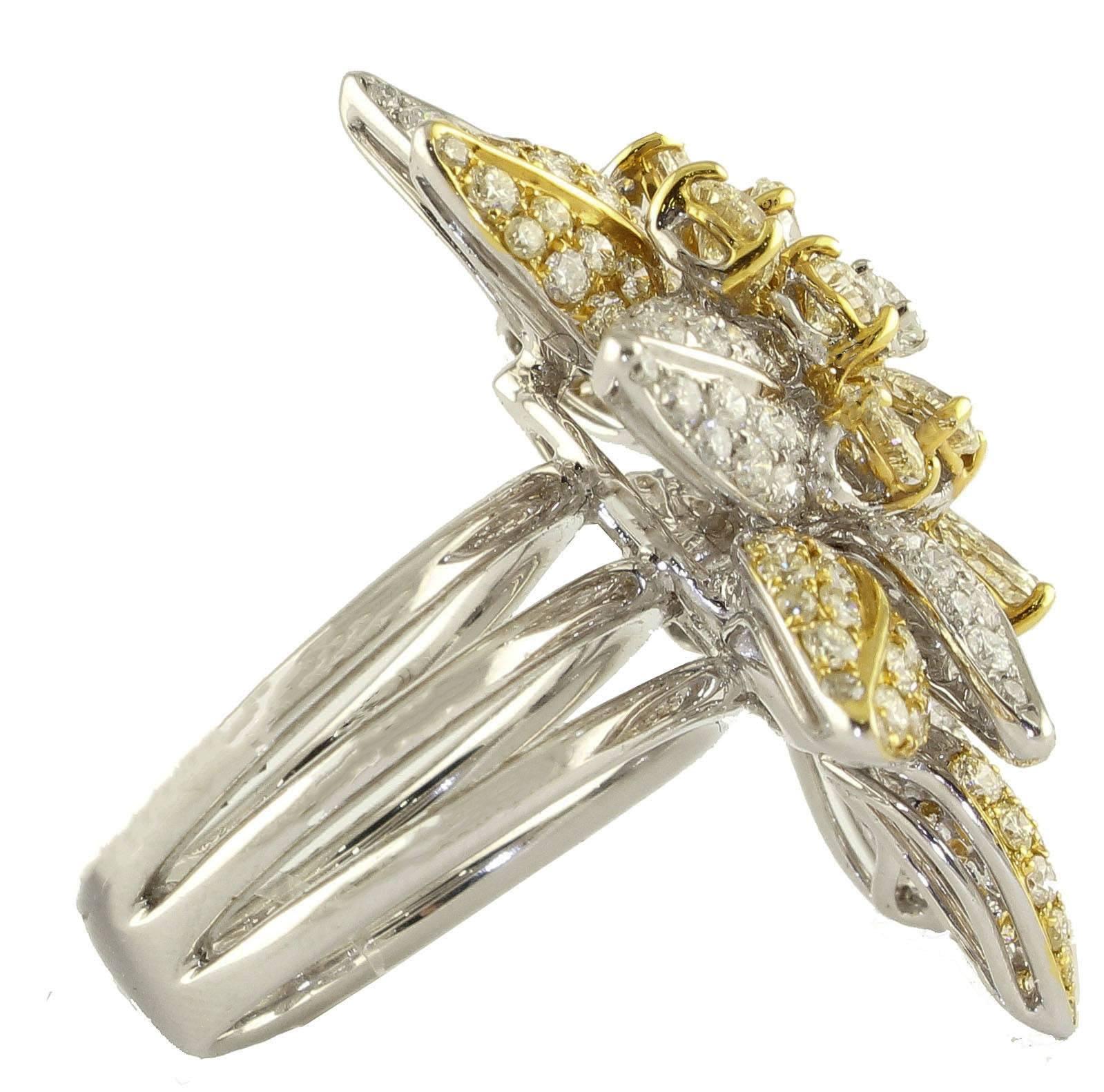 Mixed Cut 4, 64 carat Diamond 18 kt White and Yellow Gold Flower Ring
