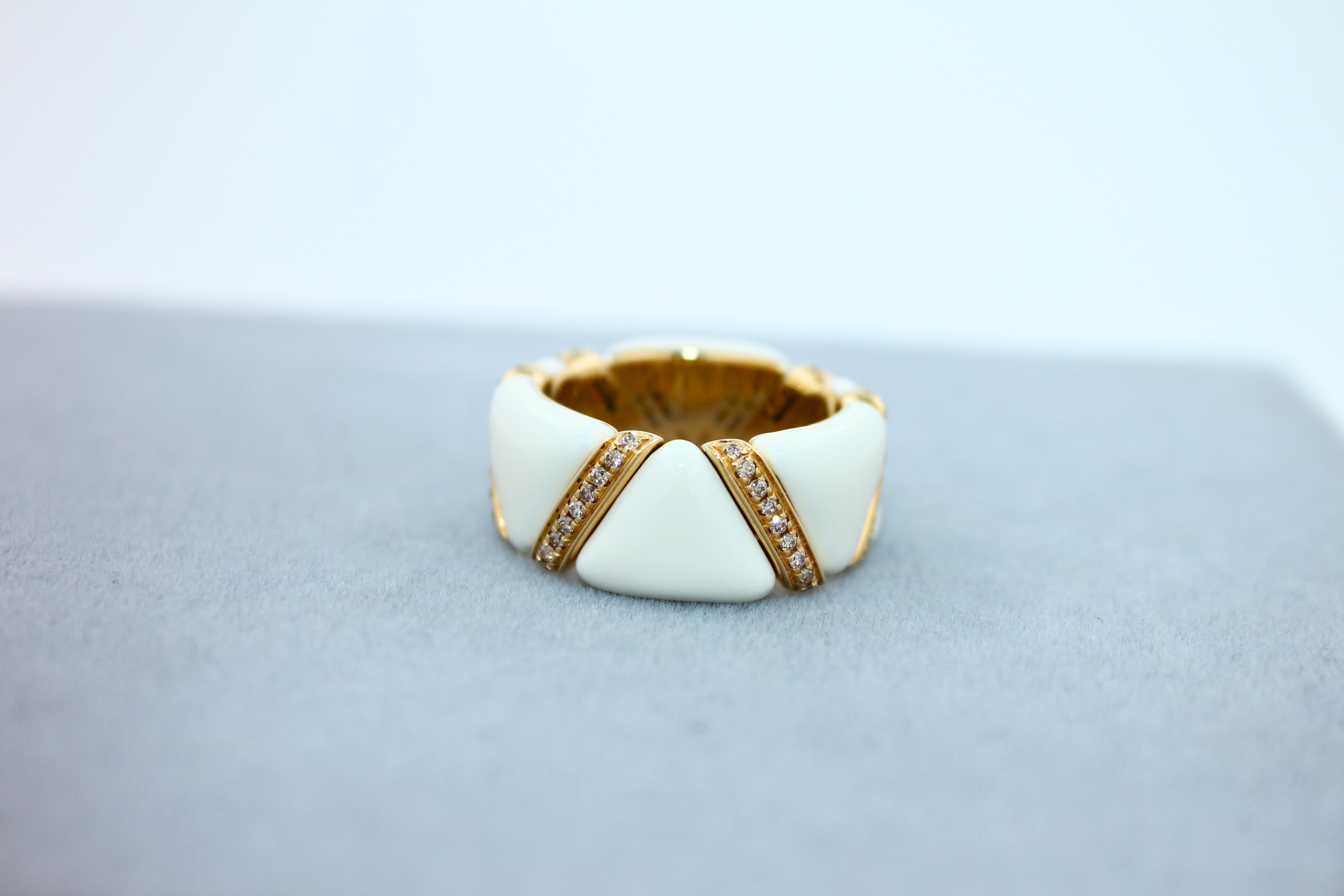 Art Deco Diamond White Beige Cream Ivory Enamel Eternity Band Unique 18K Yellow Gold Ring For Sale
