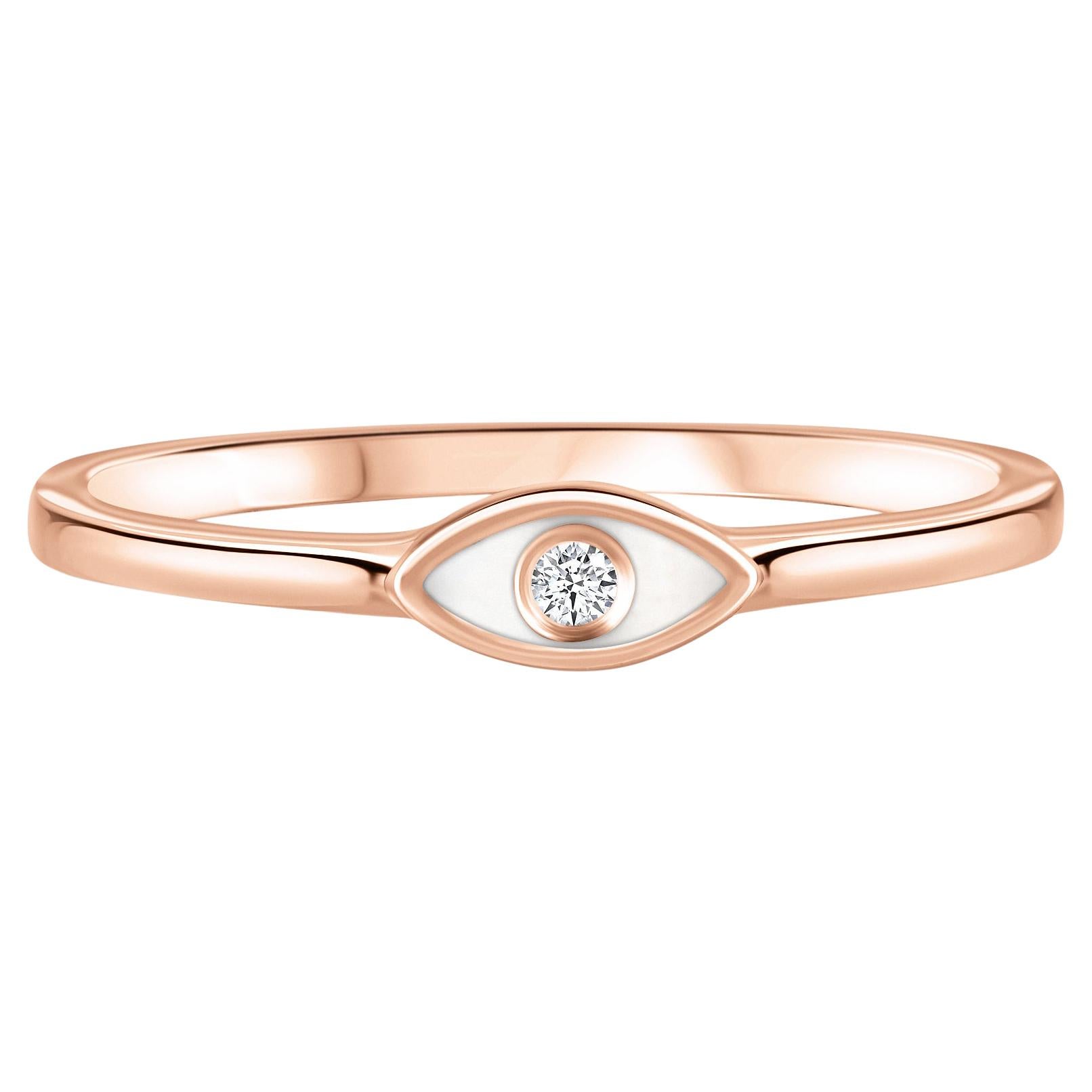 For Sale:  Diamond White Enamel Evil Eye Ring in 14K Rose Gold, Shlomit Rogel