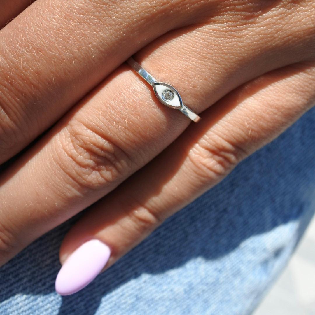 For Sale:  Diamond White Enamel Evil Eye Ring in 14K White Gold, Shlomit Rogel 5