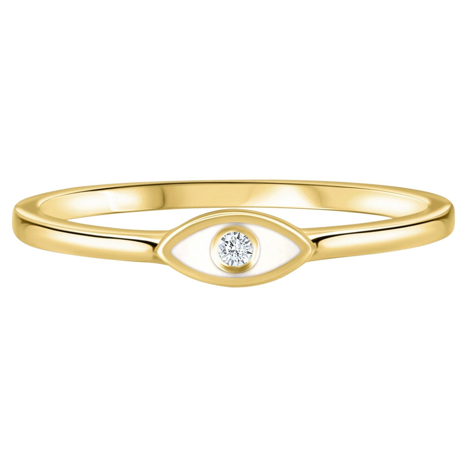 For Sale:  Diamond White Enamel Evil Eye Ring in 14K Yellow Gold, Shlomit Rogel