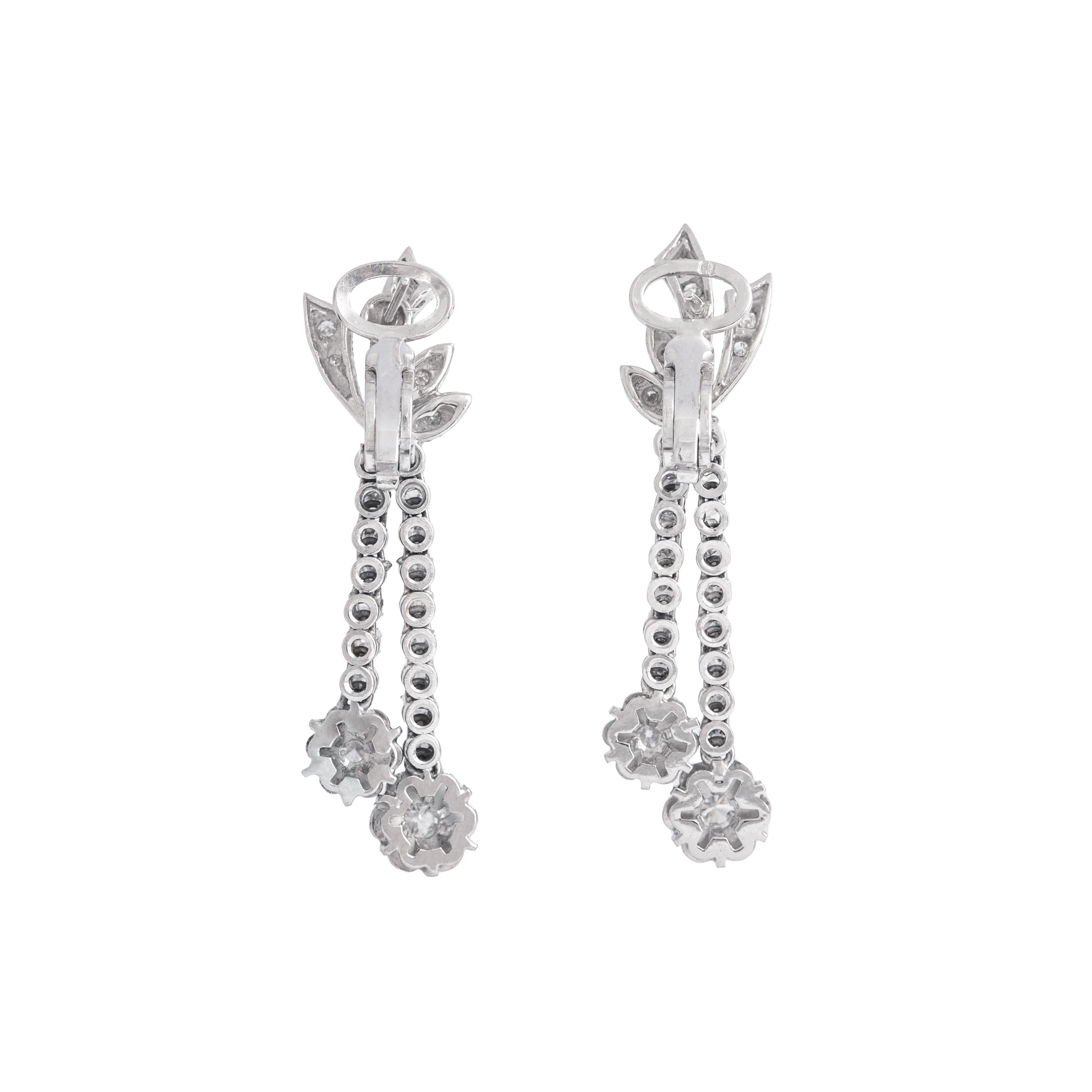 Old Mine Cut Diamond White Gold 18K Earrings Late 20th Century For Sale