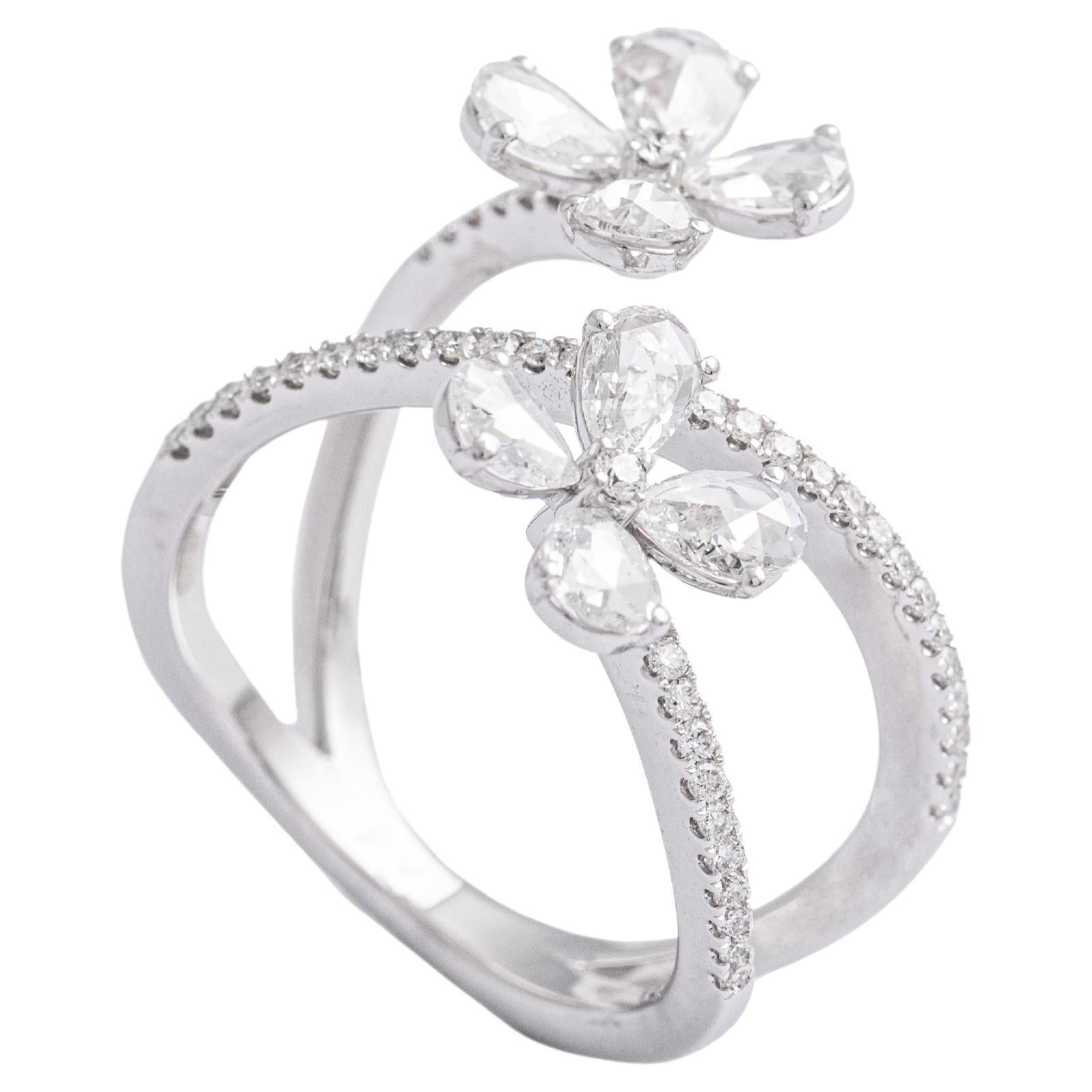 Anillo Oro Blanco Diamante Flor Cruzado 18K en venta