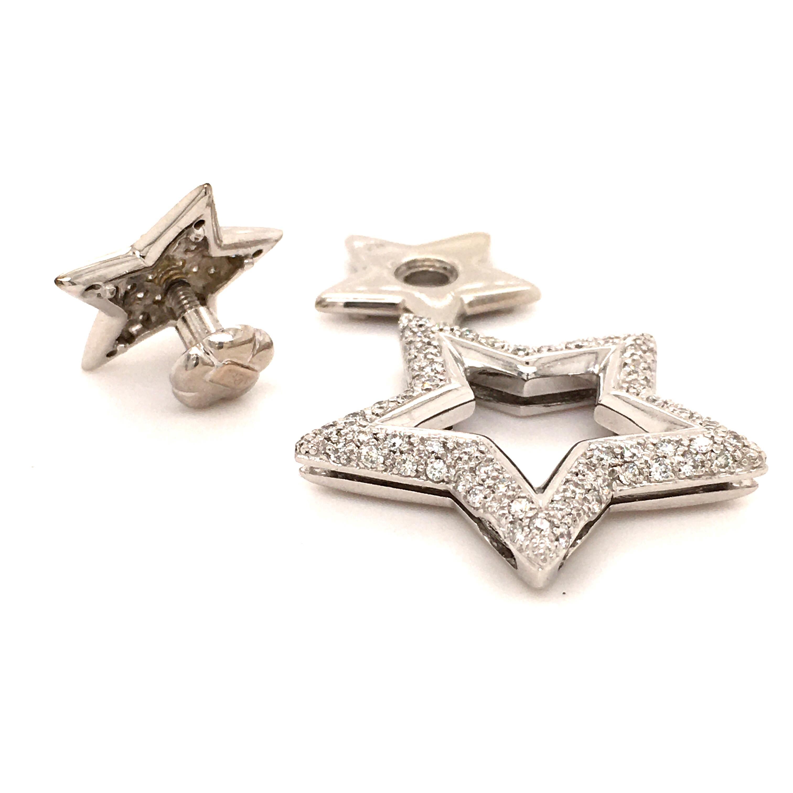 Gorgeous white gold 750 double star pendant made by Swiss Jeweller Christ, set with brilliant cut diamonds totaling approx. 1.20 ct of G/H-vs/si quality. The two stars are detachable so one can be worn as a pendant and the counter part as a