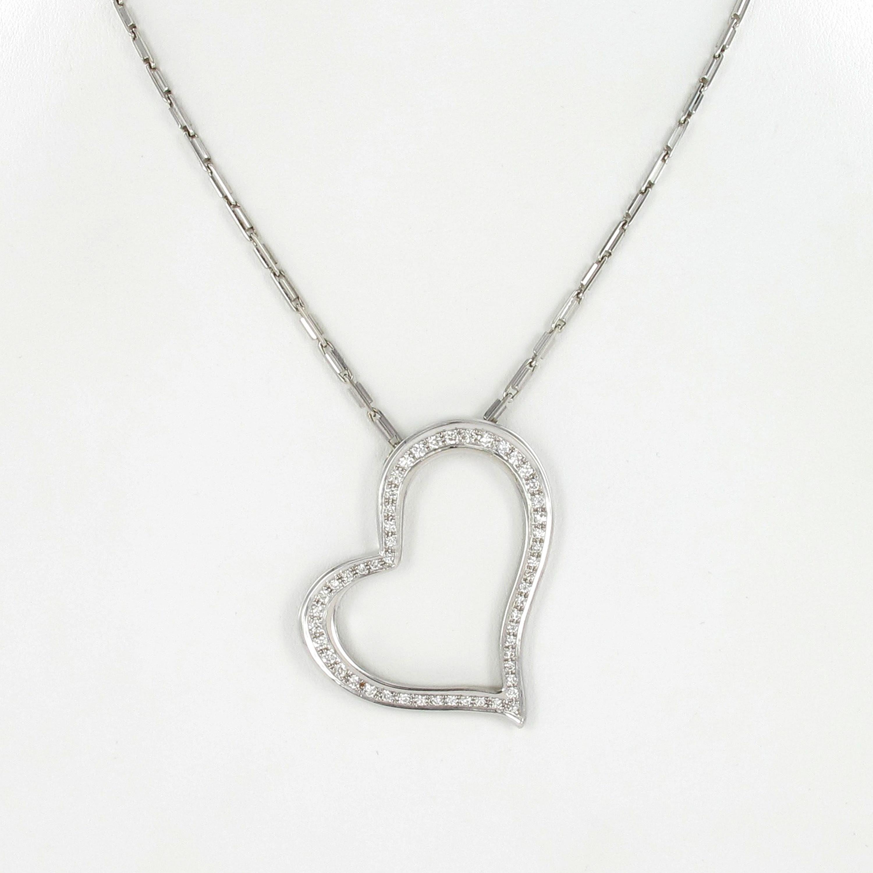 Modern heart shaped pendant in white gold 750, set with 52 brilliant cut diamonds totaling approx. 1 ct of G/H-vs quality. A real sweetheart!

Please, ask for additional pictures if you are interested in this item.

Length of chain: 50.0 cm /  19.7