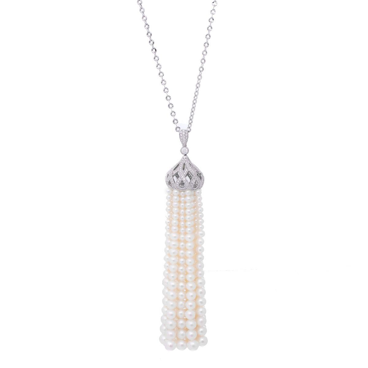 Women's or Men's Diamond White Gold and Pearl Tassel Necklace
